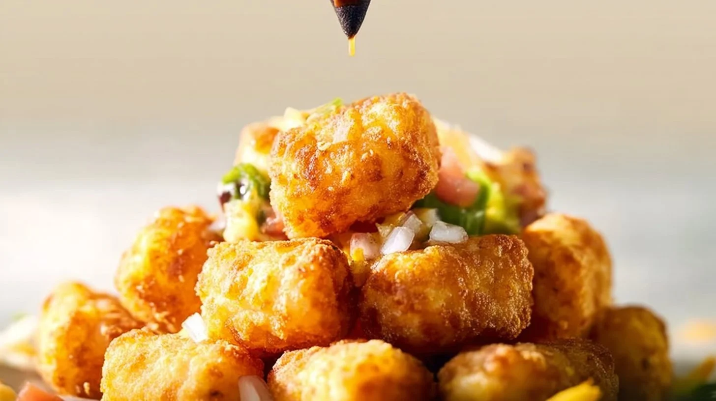 Delicious loaded potato tots topped with cheese, bacon, and sour cream.