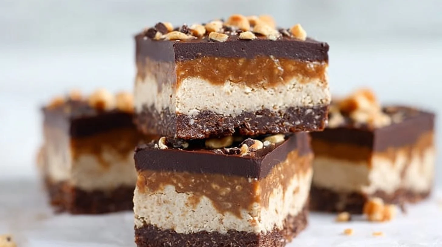 No-bake cashew cookie dough bars topped with chocolate chips on a wooden plate.
