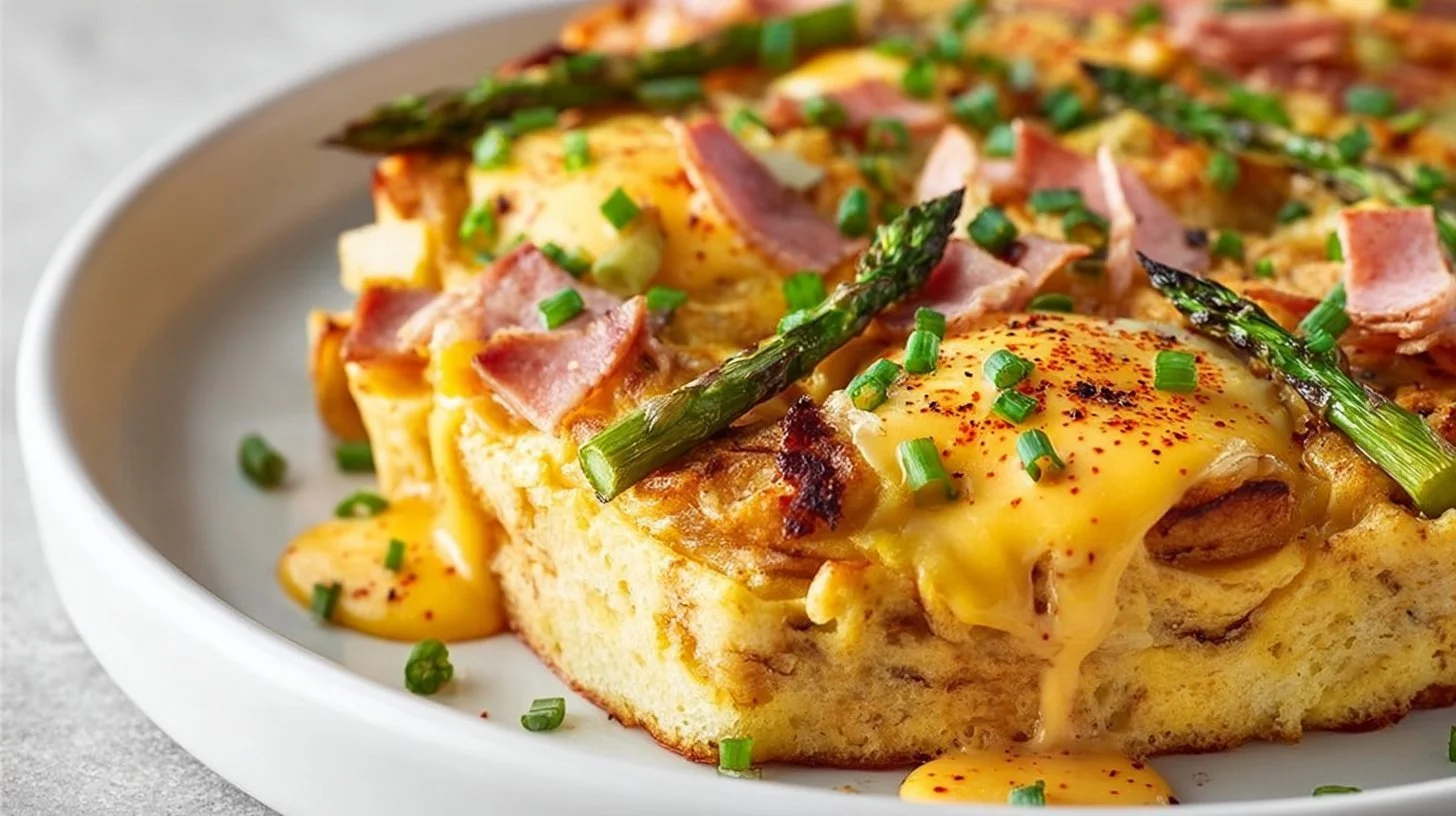 Overnight Breakfast Casserole inspired by Eggs Benedict with eggs and cheese