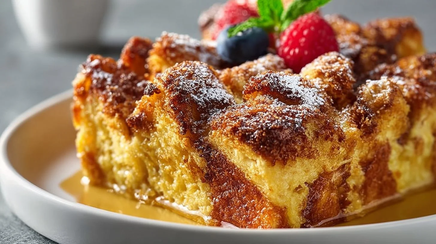 Delicious Overnight French Toast Casserole topped with syrup and berries