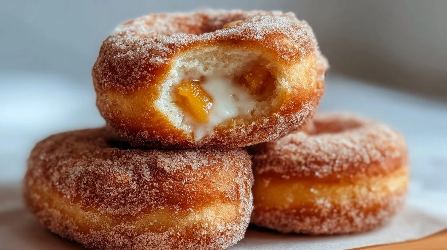 Delicious Peach Cobbler Cheesecake Donuts on a plate, garnished with peach slices.