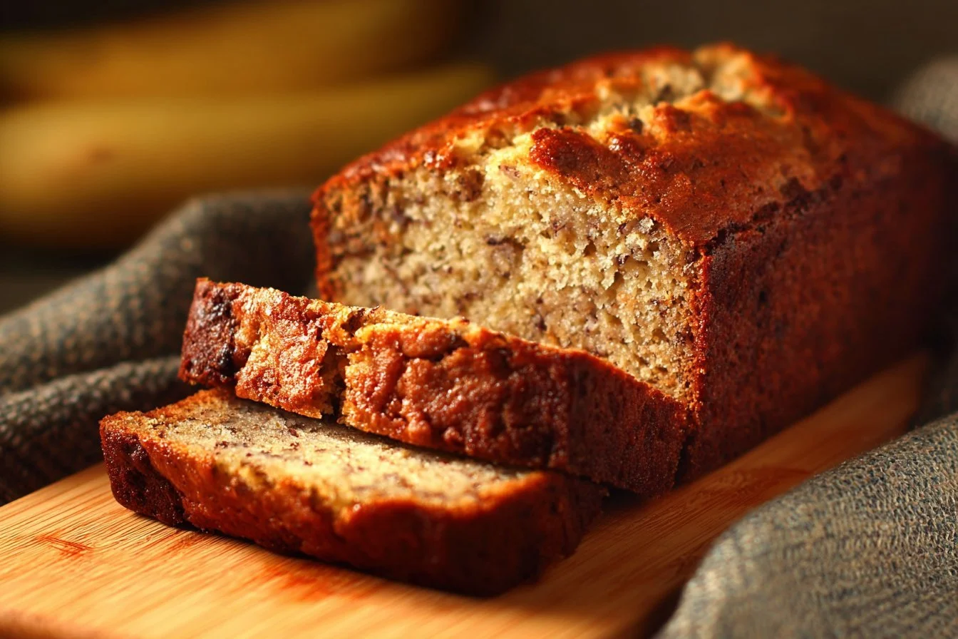 Delicious slice of Protein Banana Bread topped with nuts and banana slices.