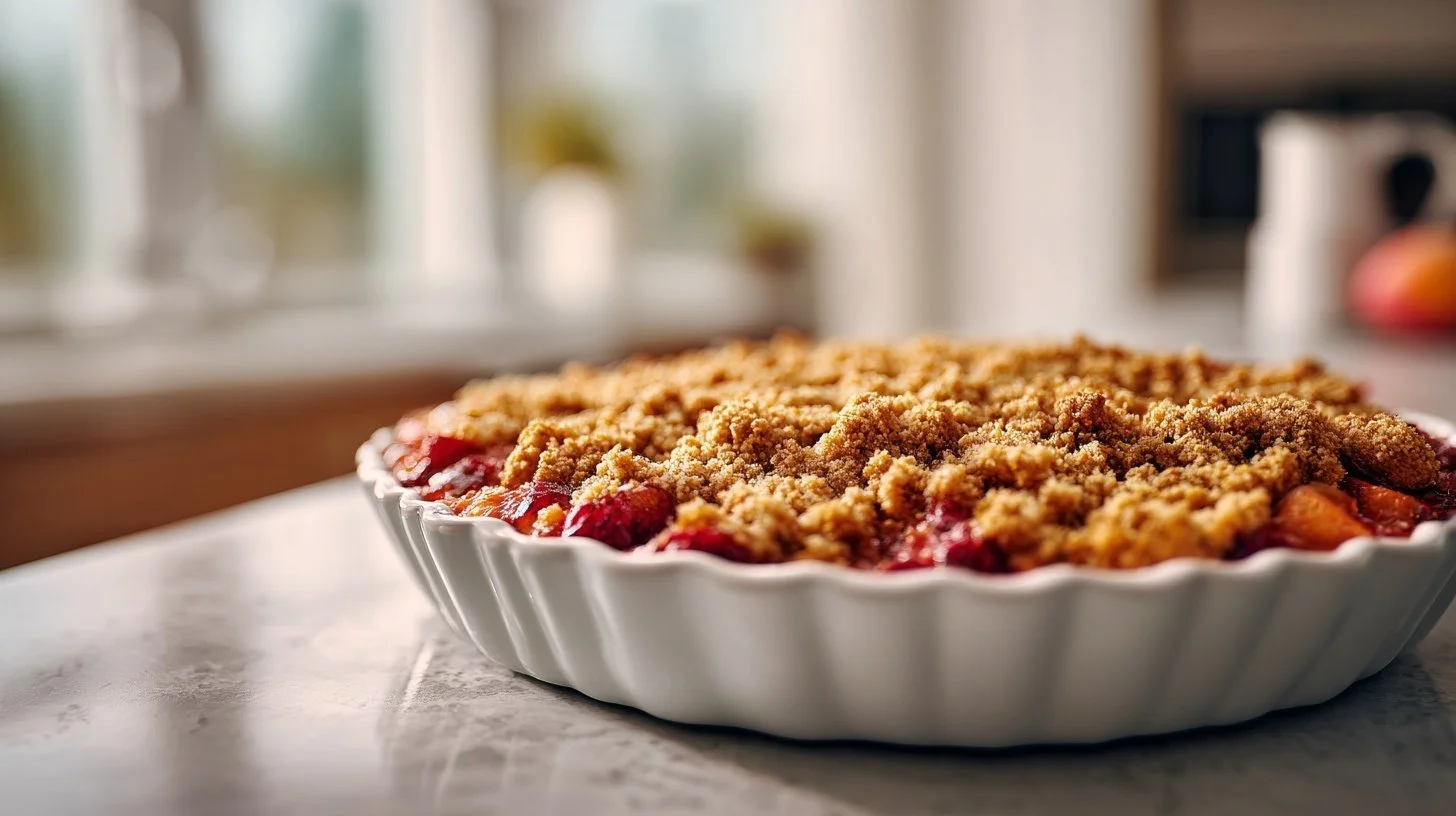 Delicious quick and easy fruit crisp topped with biscuit for a perfect dessert
