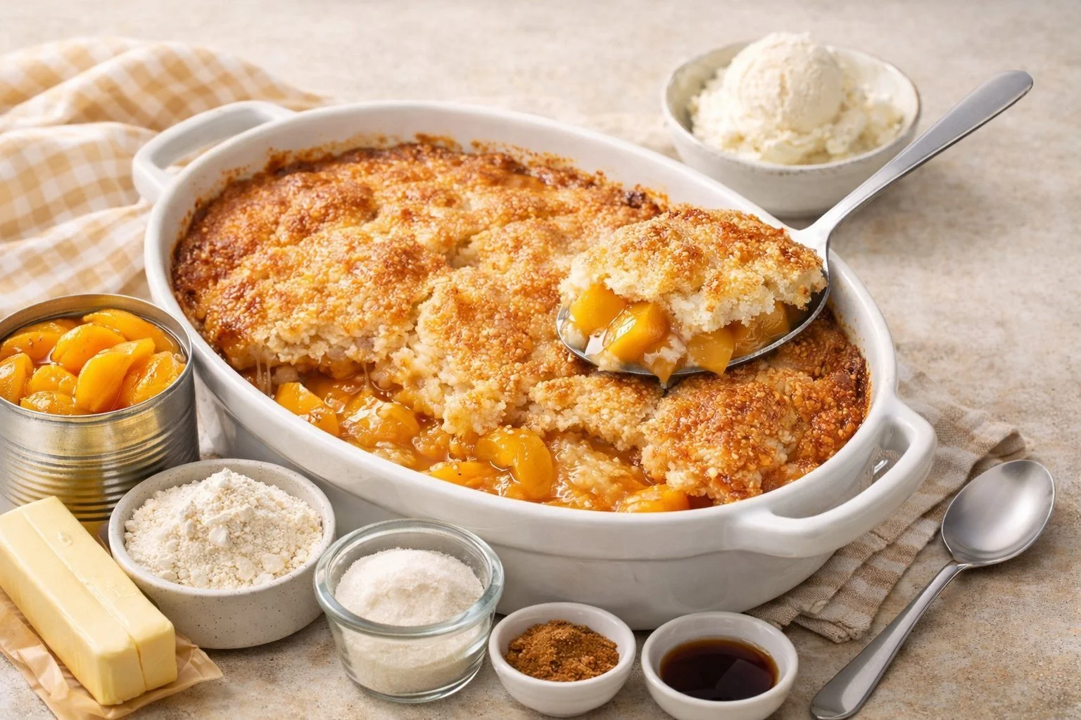 Delicious quick peach cobbler served in a bowl with fresh peaches on top.