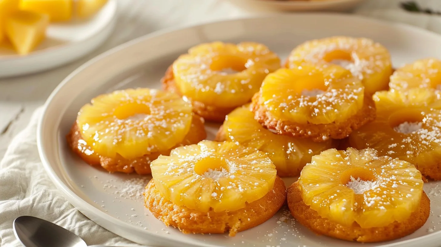 Delicious pineapple upside-down cookies on a plate, perfect for parties and gatherings.