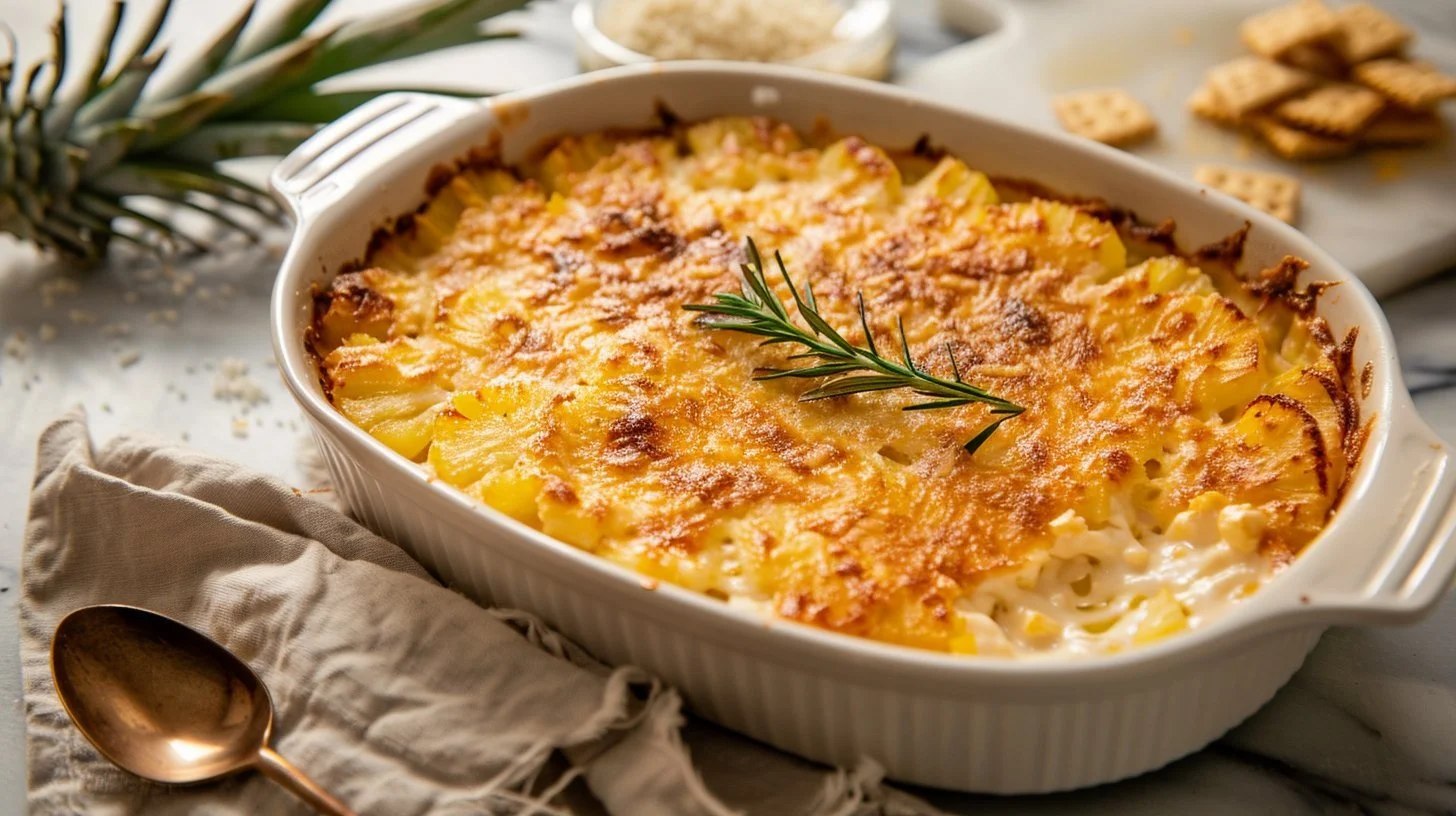 Quick Pineapple Cheese Casserole served in a dish, showcasing its sweet and savory layers.