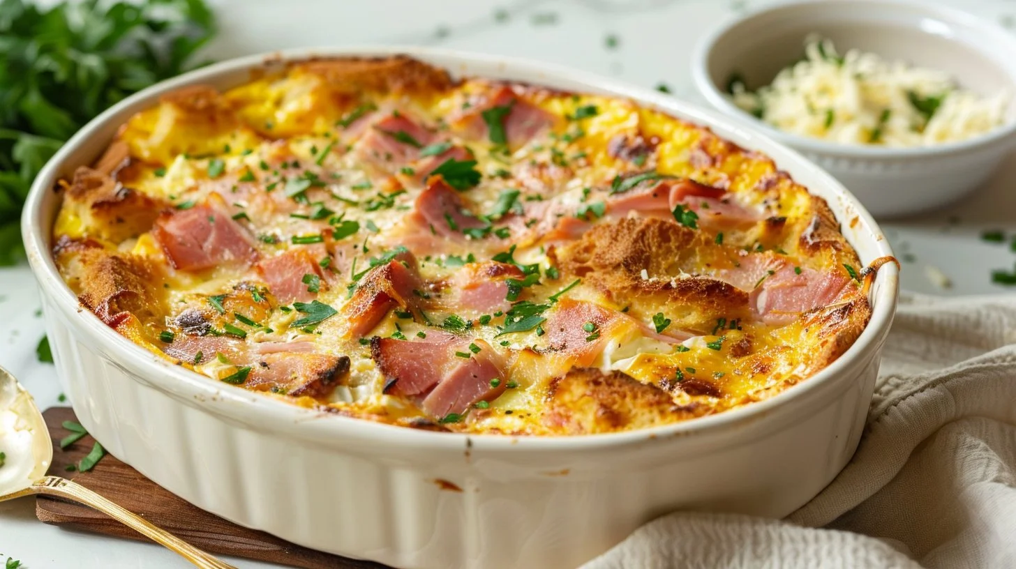 Delicious ham casserole with savory bread, perfect for make-ahead meals.