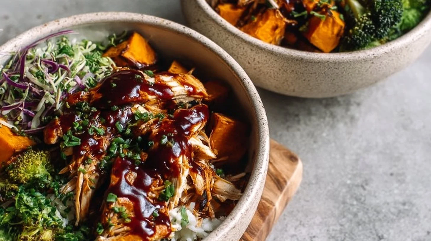 Savory BBQ chicken served in a healthy sweet potato bowl for meal prep.