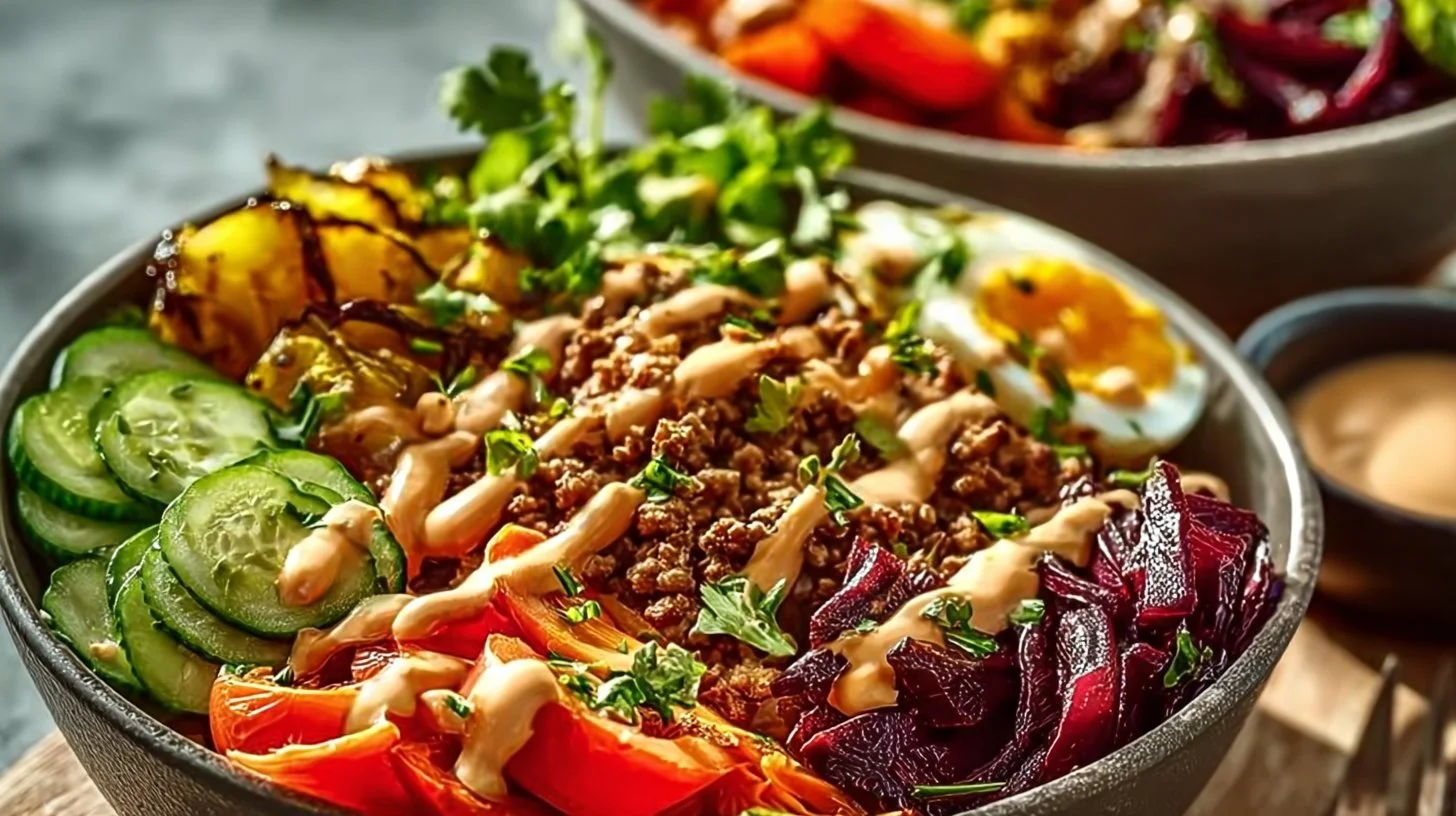 Savory burger bowls topped with fresh ingredients for a delicious dinner