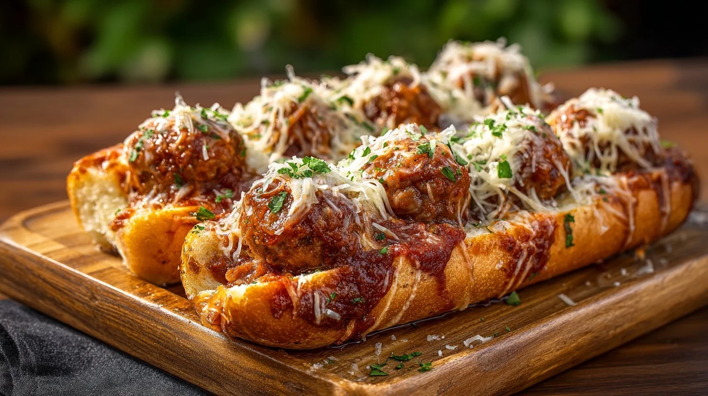 Savory slow-cooked meatball subs served on a plate with marinara sauce and herbs