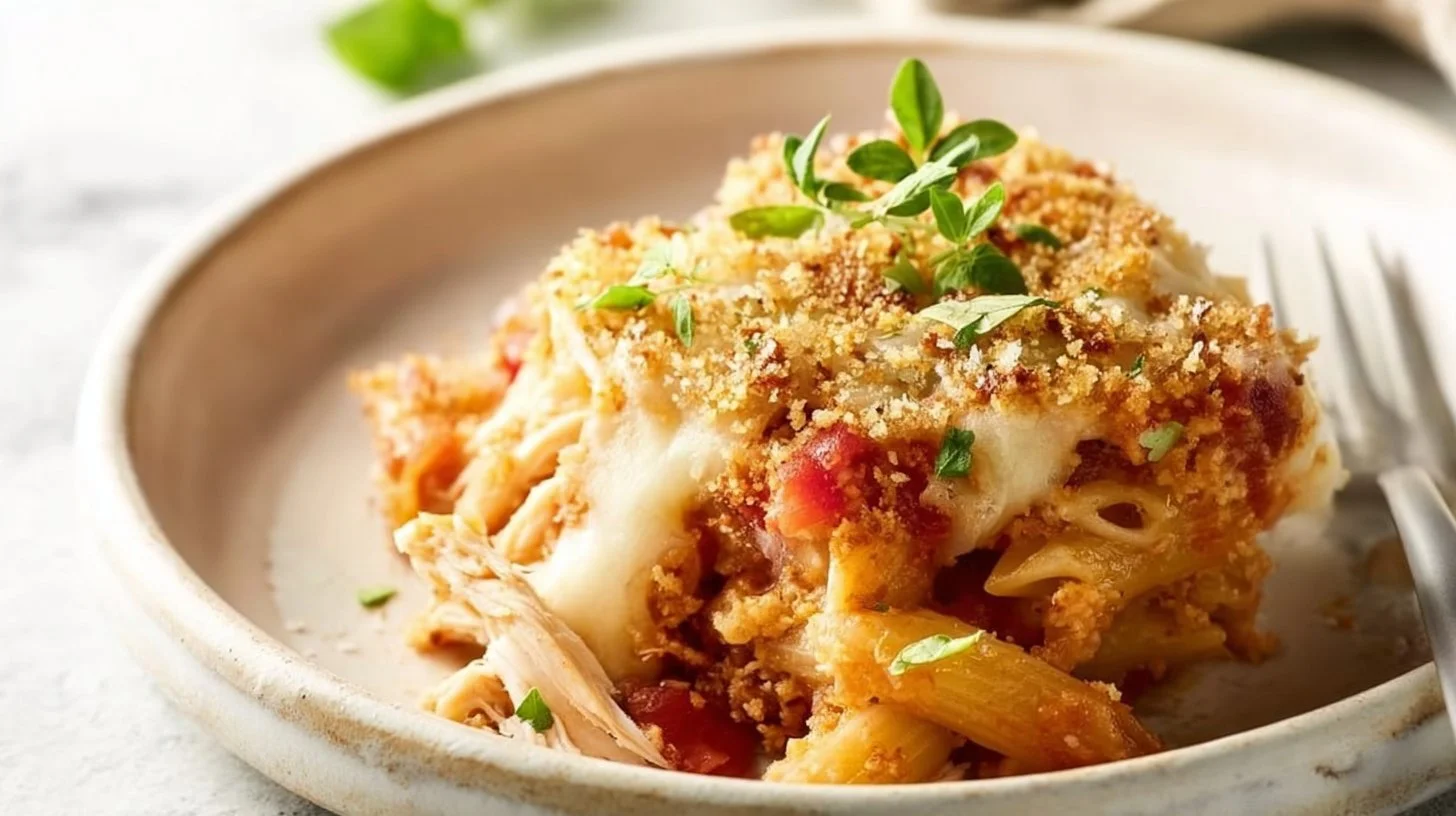 Delicious shredded chicken parmesan casserole served in a baking dish