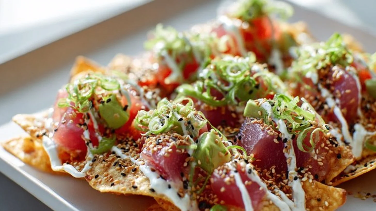 Spicy Ahi Tuna Poke Nachos topped with wasabi cream on a wooden platter