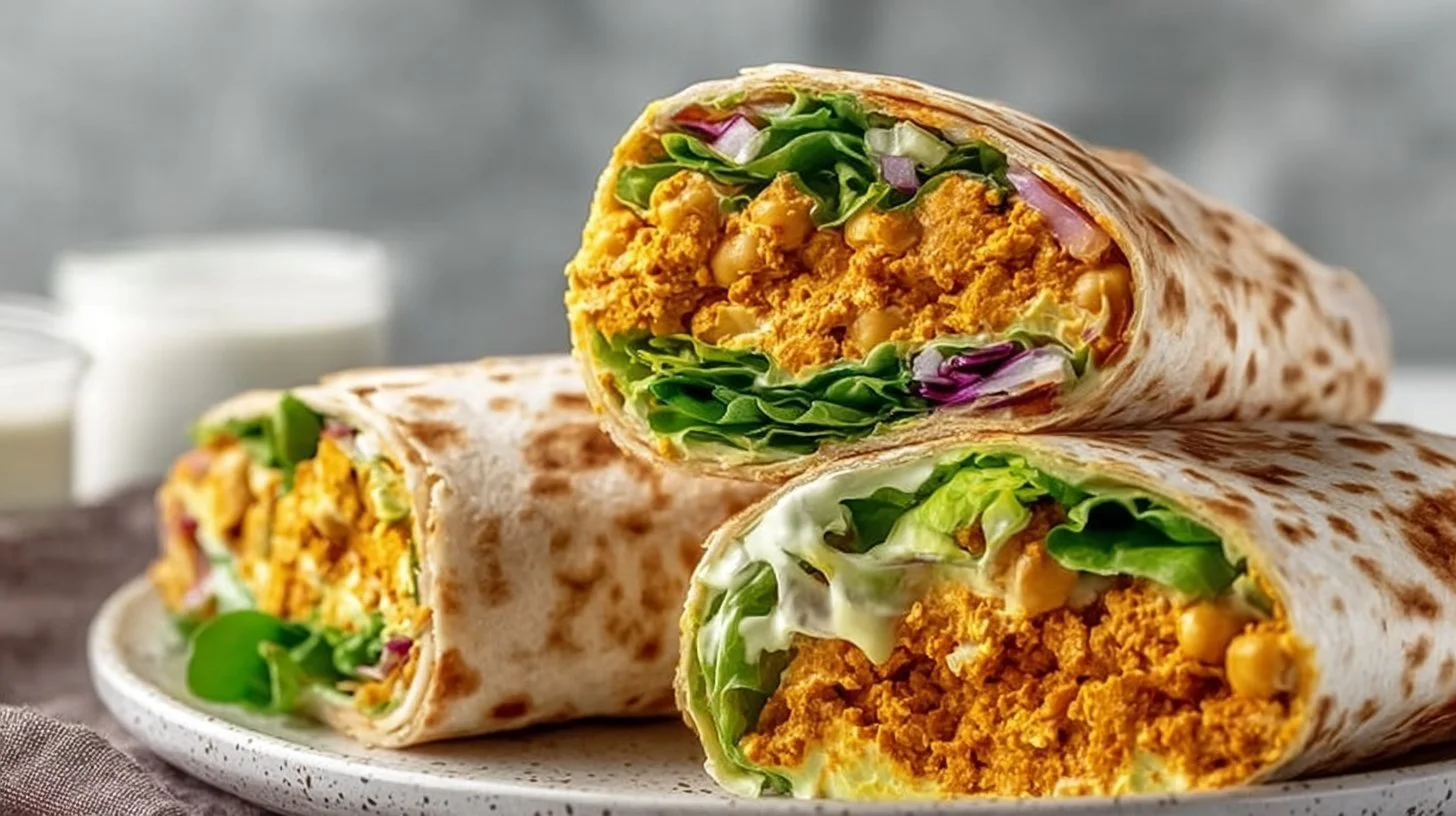 Spicy Buffalo Chickpea Salad Wraps ready to serve, colorful vegan meal.