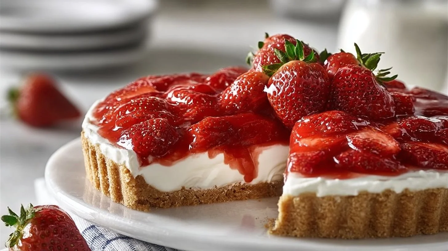 No-bake strawberry cheesecake pie topped with fresh strawberries.