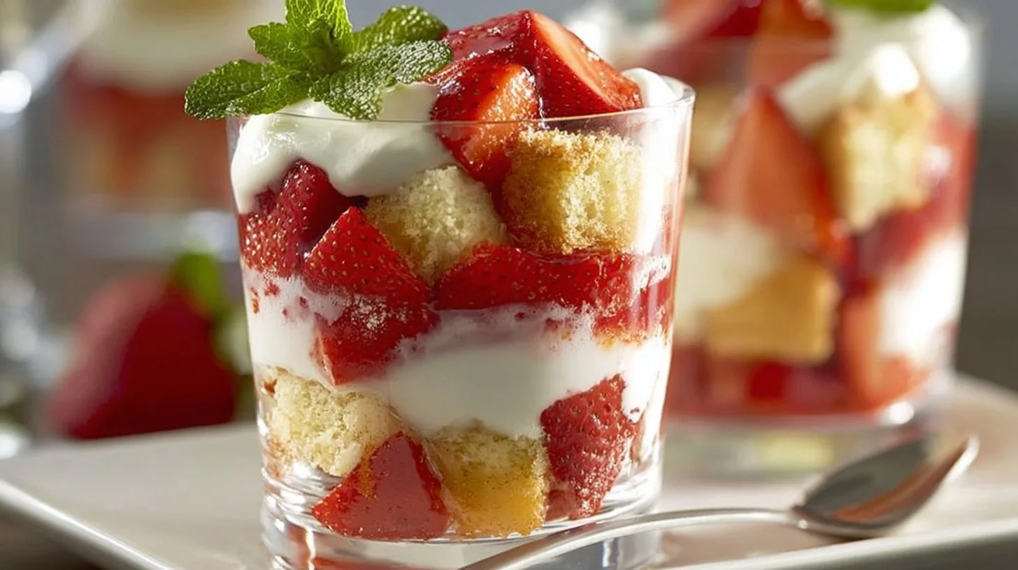 Strawberry Shortcake Trifle Cups layered with strawberries and whipped cream