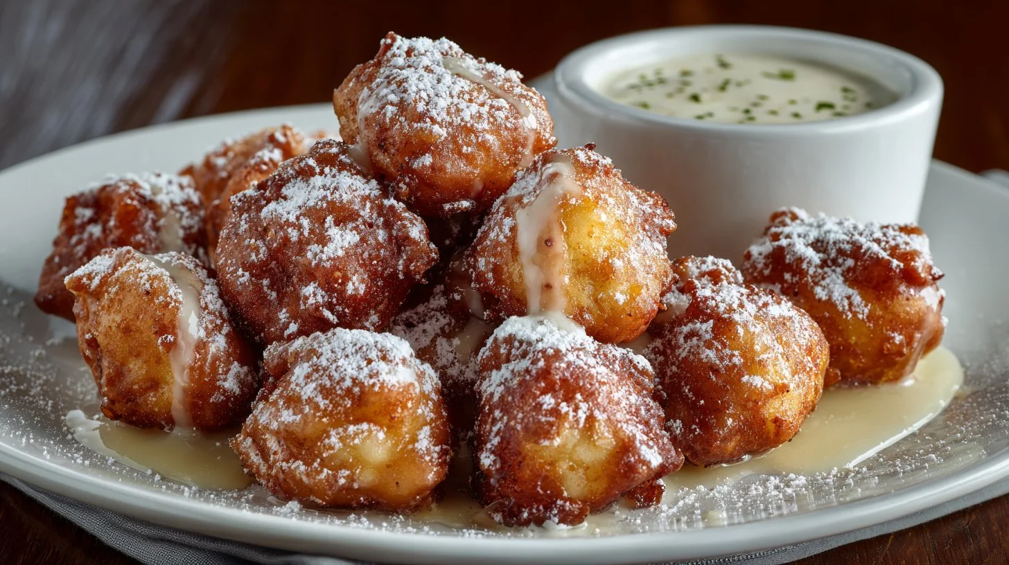 Delicious apple fritters on a wooden cutting board, crispy and golden brown.