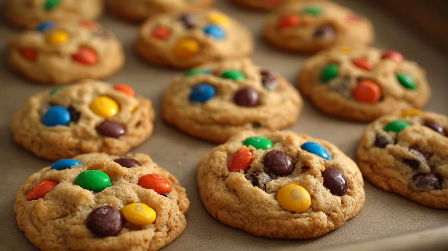 Delicious M&M cookie with chocolate chips on a baking tray