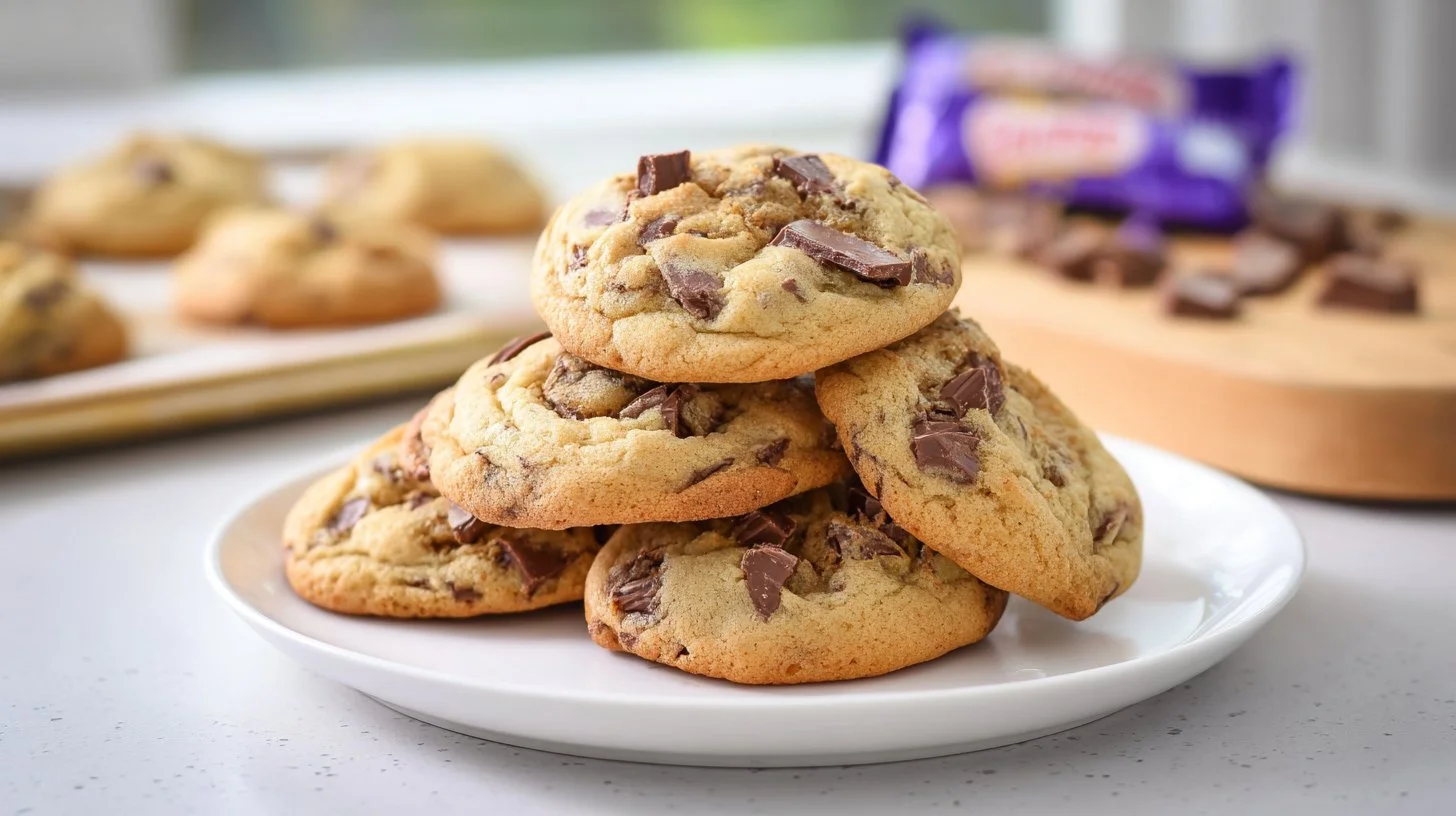 Freshly baked Cadbury chocolate chip cookies on a cooling rack