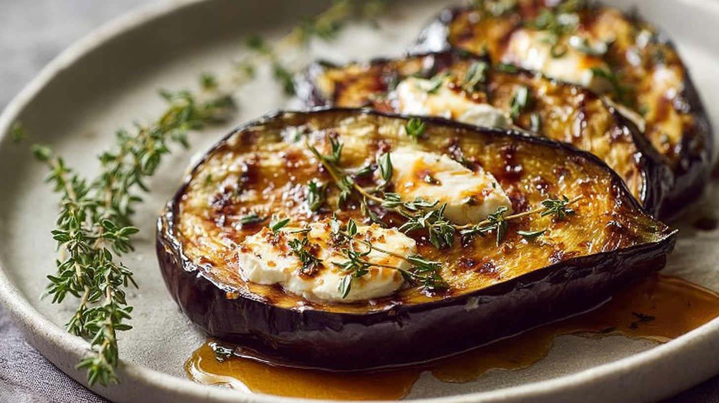 Delicious roasted eggplants drizzled with honey and sprinkled with thyme