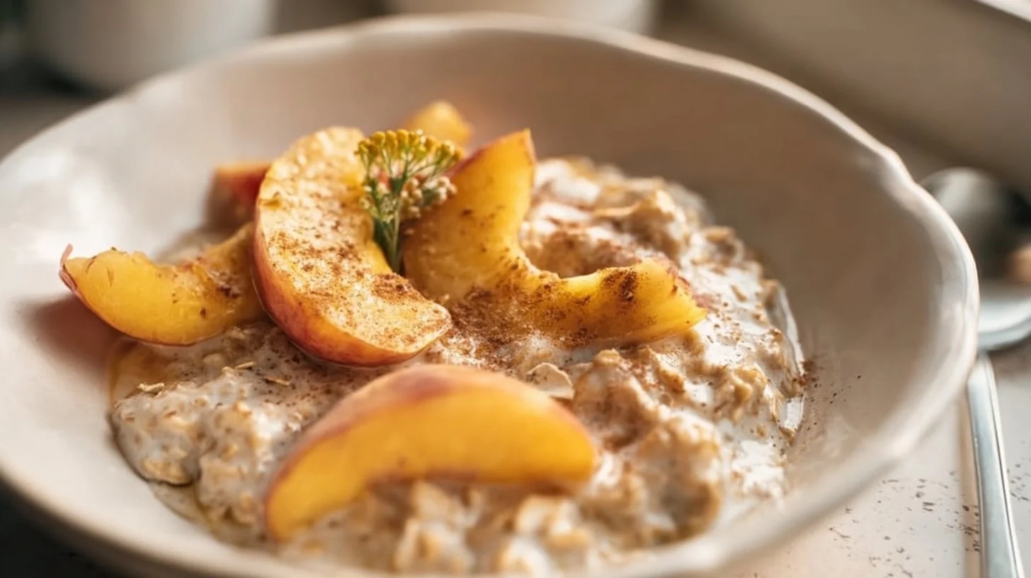 Bowl of Vegan Peaches and Cream Oatmeal topped with fresh peaches