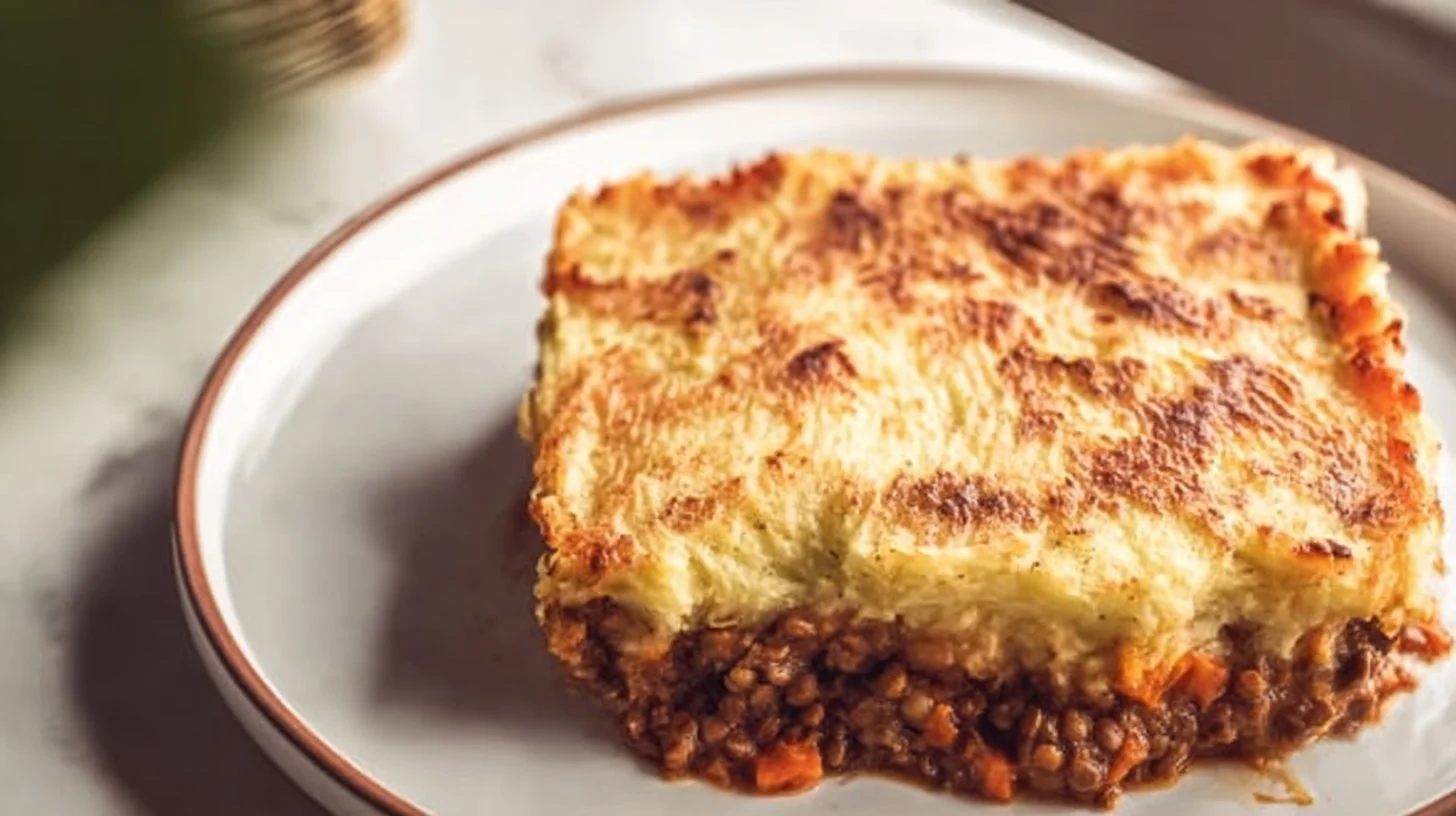 Warm and hearty Lentil Shepherd's Pie served in a dish