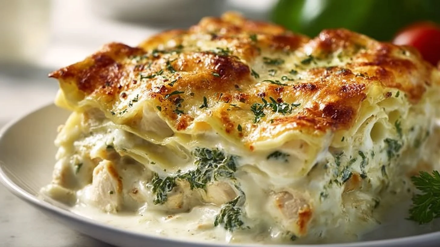 Delicious white chicken lasagna topped with melted cheese and fresh herbs