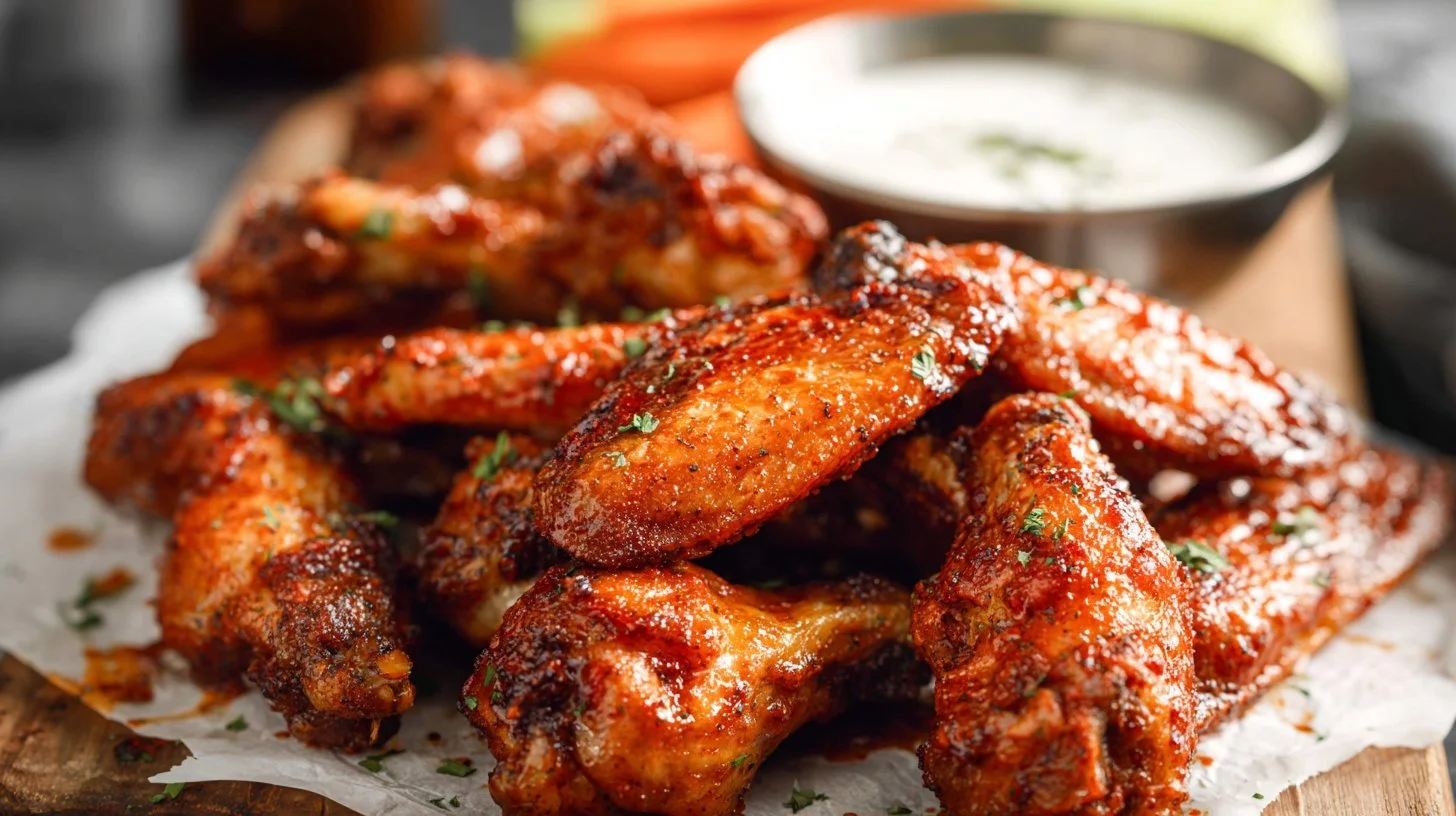 Crispy air fryer chicken wings served with dipping sauces
