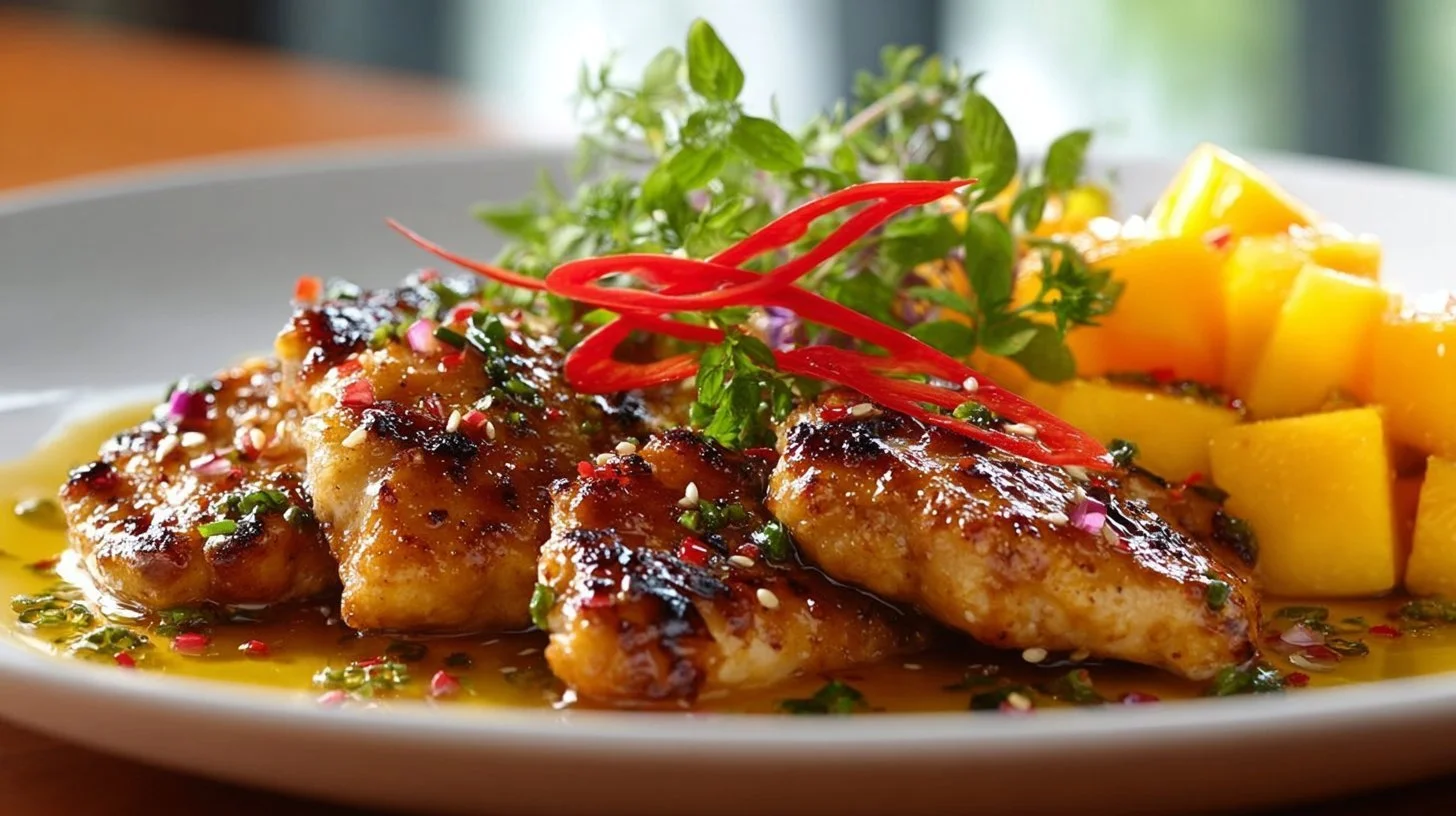 Delicious Asian Mango Glazed Chicken served with fresh vegetables
