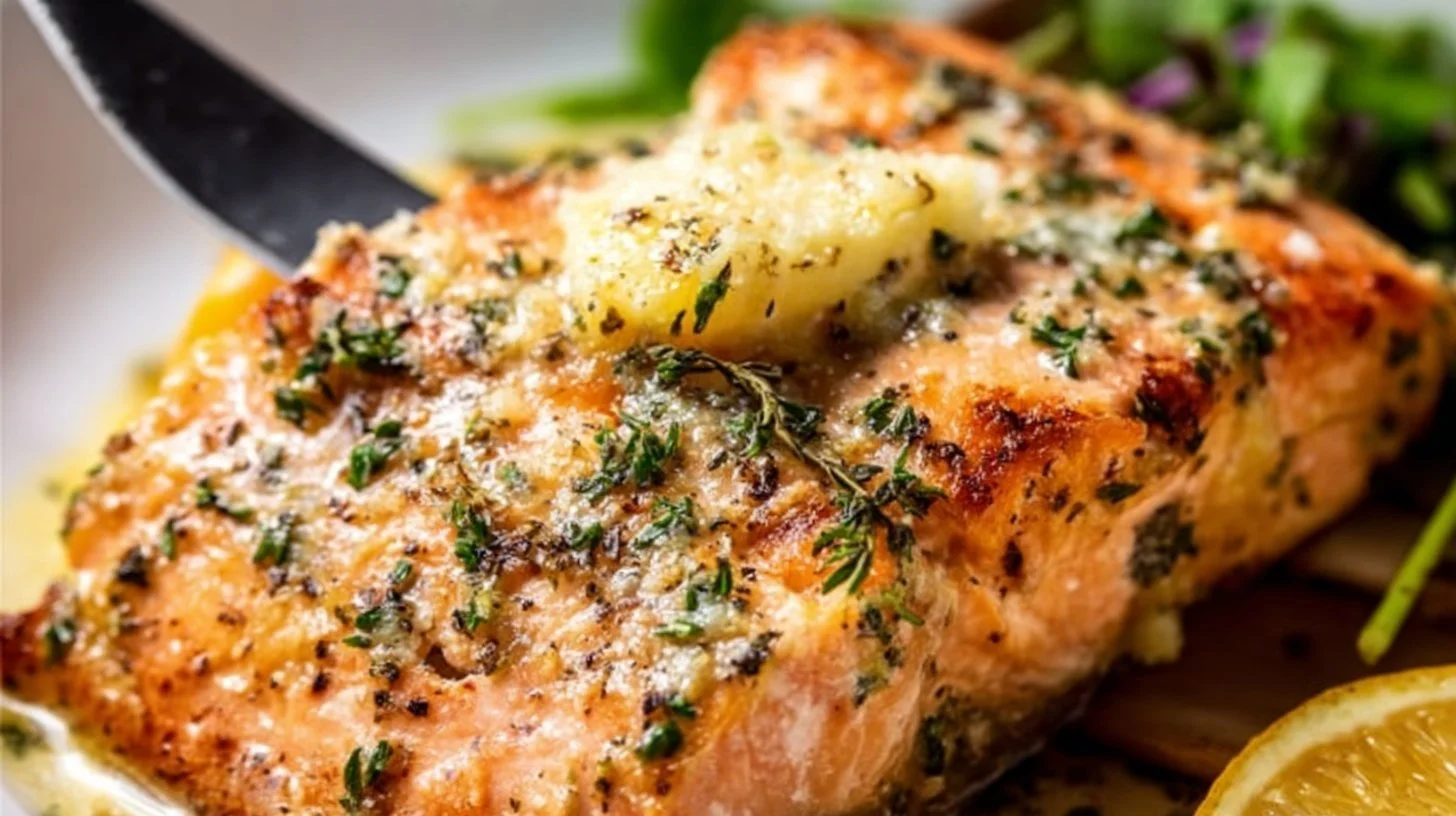 Baked lemon garlic butter salmon garnished with herbs on a plate