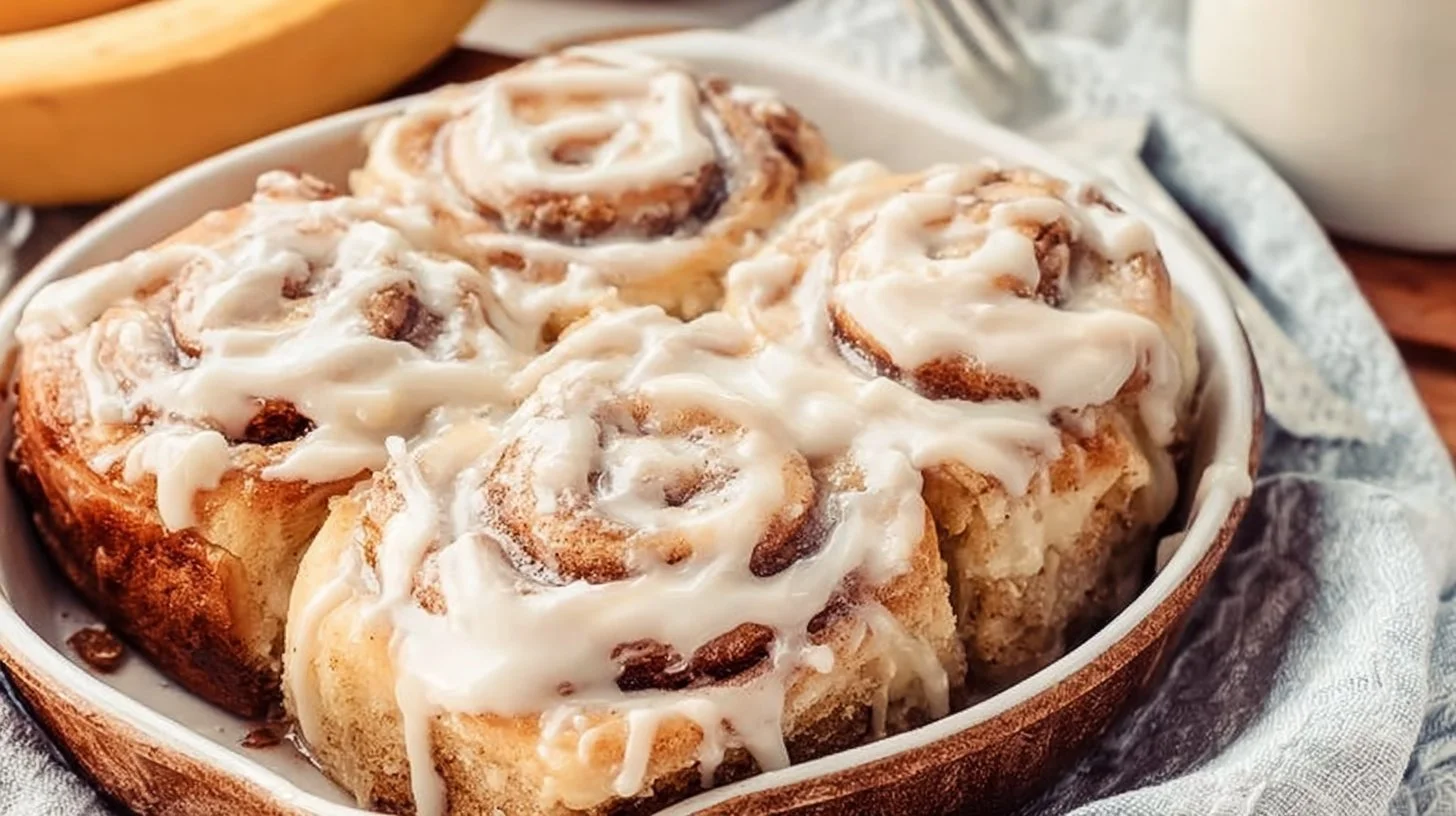 Banana bread cinnamon rolls with cream cheese frosting on a plate