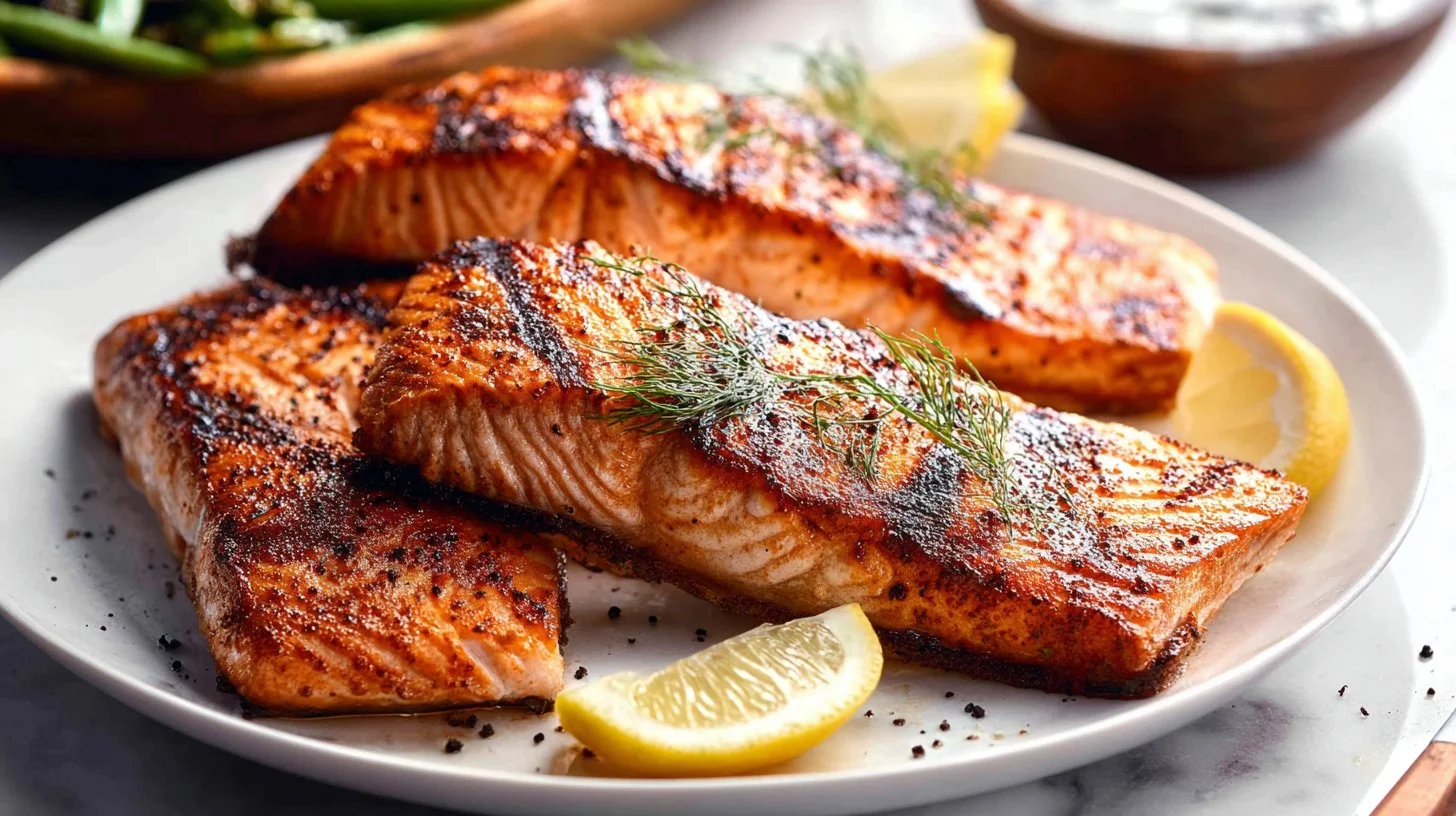 Delicious grilled salmon fillet seasoned and served on a plate