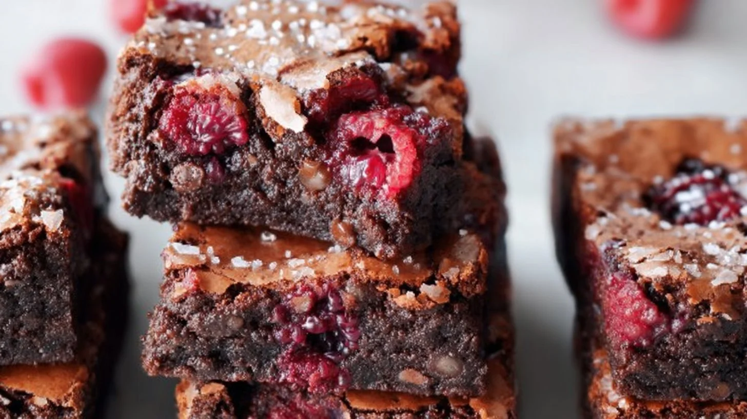 Delicious raspberry brownies on a white plate, topped with fresh raspberries.