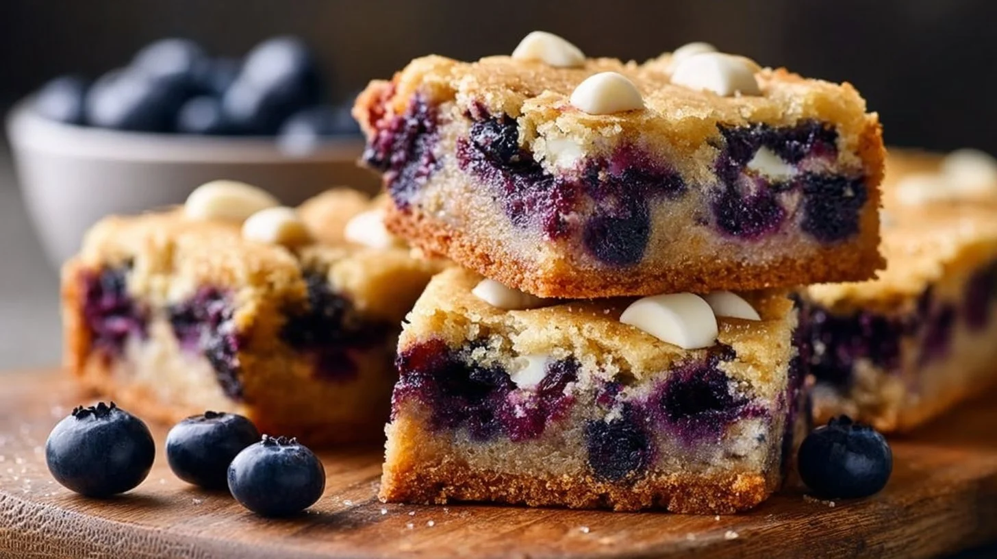 Delicious blueberry blondies topped with fresh blueberries and a golden crust