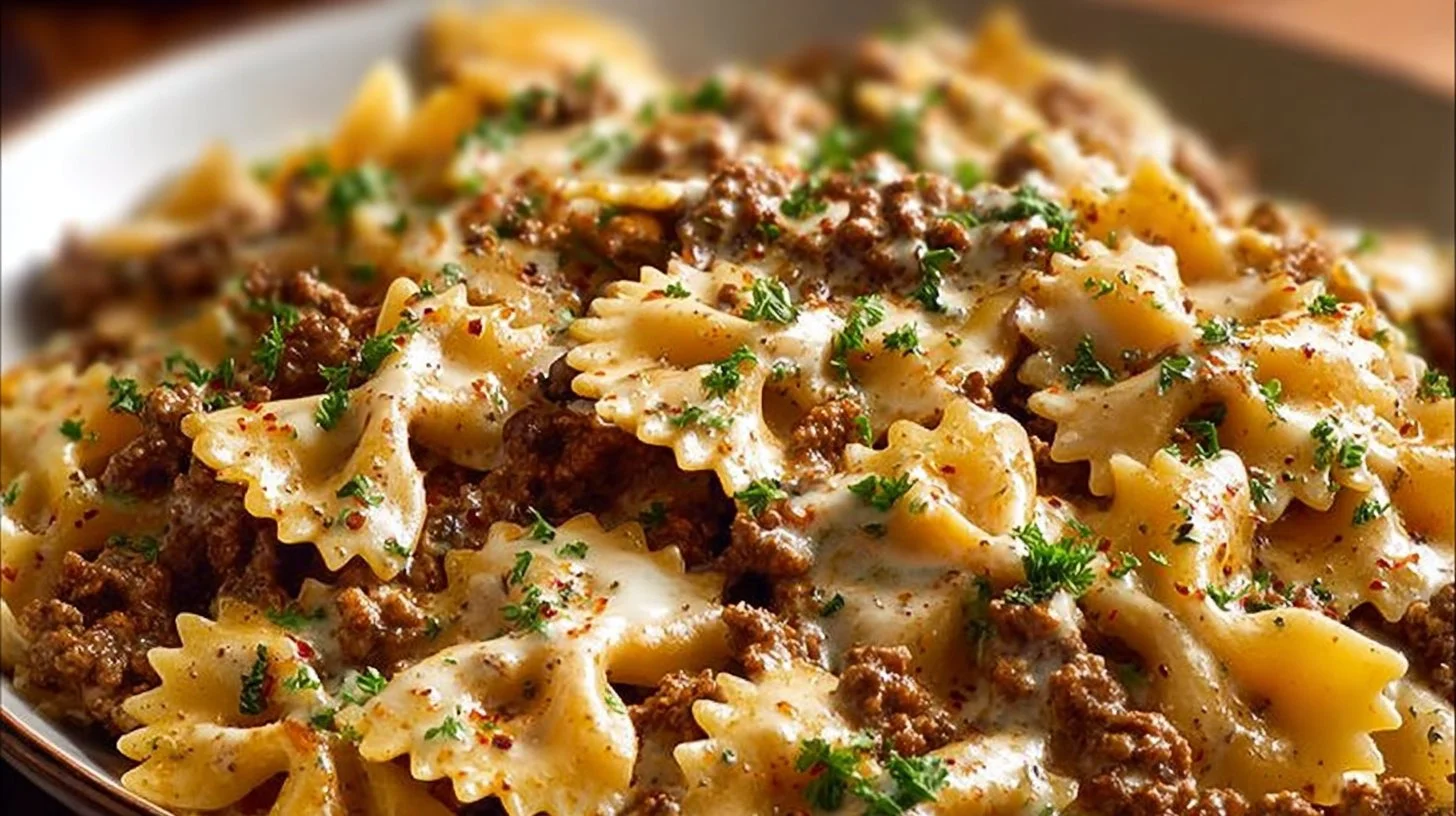 Cajun Cream Cheese Alfredo Bowties with spiced ground beef in a creamy sauce
