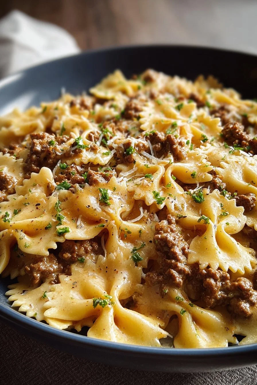 Cajun Cream Cheese Alfredo Bowties with Spiced Ground Beef