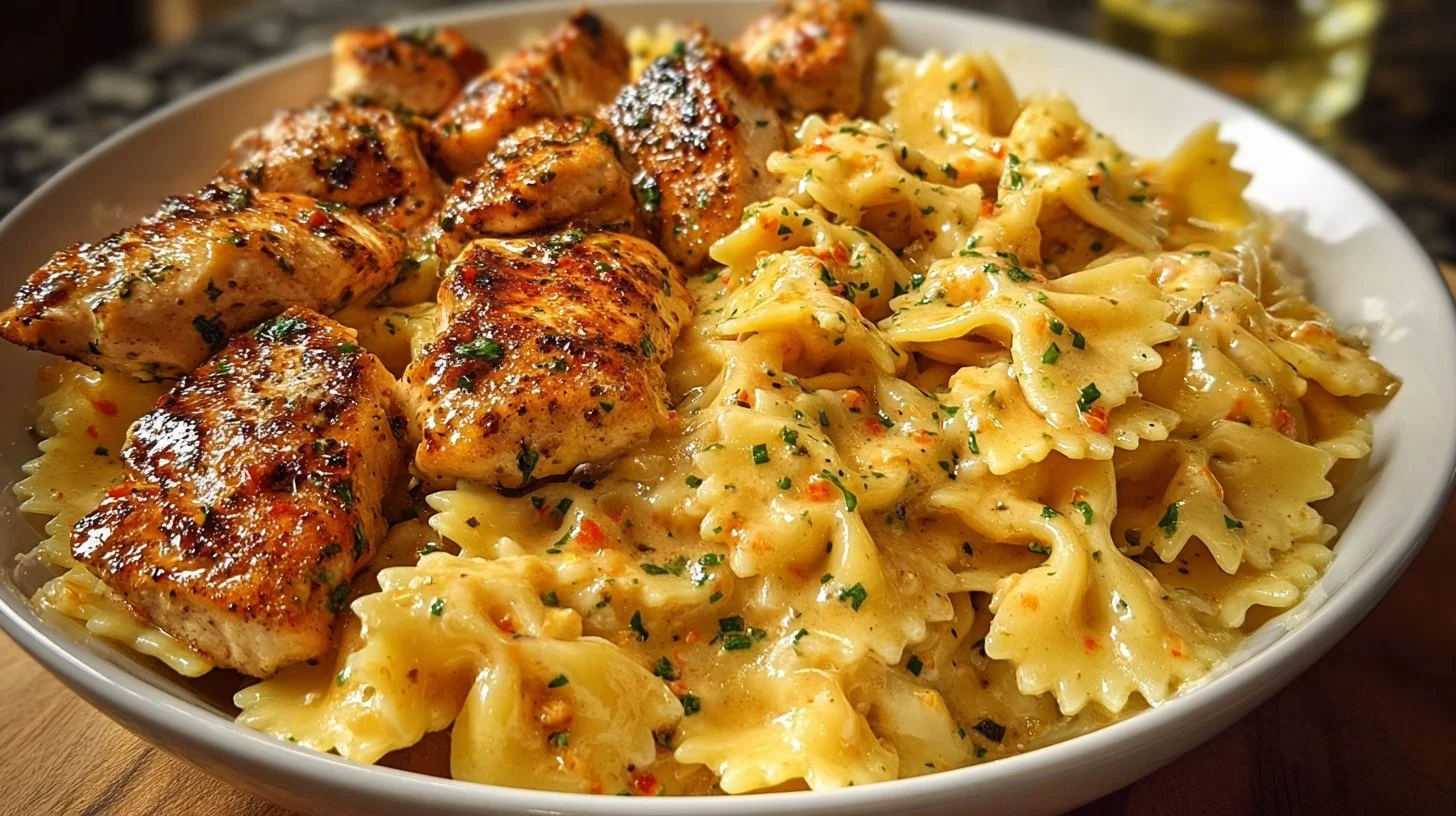 Cajun Garlic Butter Chicken Bowtie Pasta served in a bowl