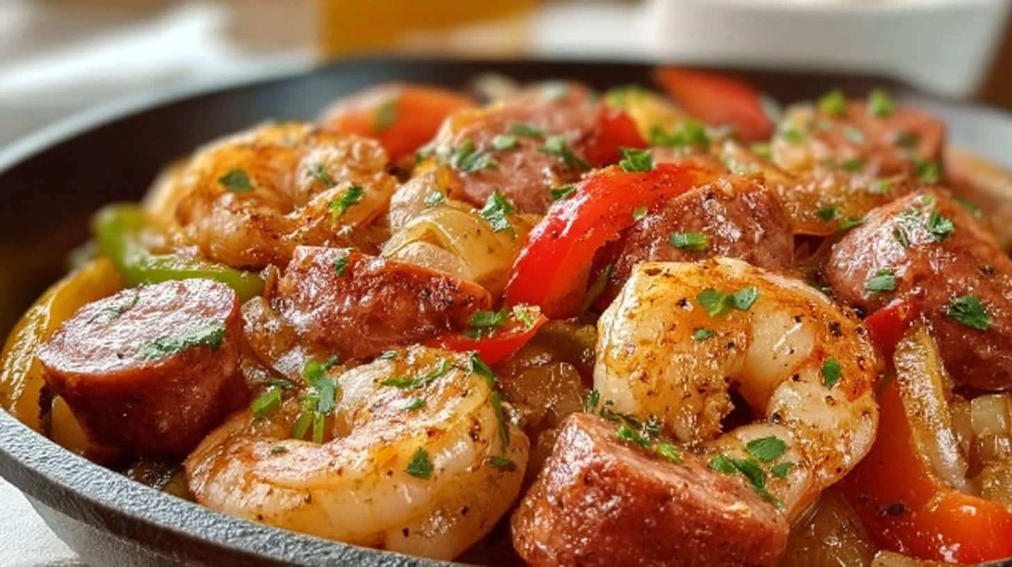 Cajun shrimp and sausage skillet ready to serve