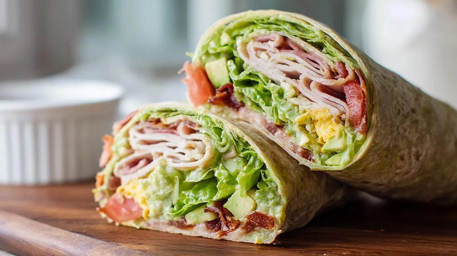 California Turkey Club Wrap recipe on a plate with fresh ingredients