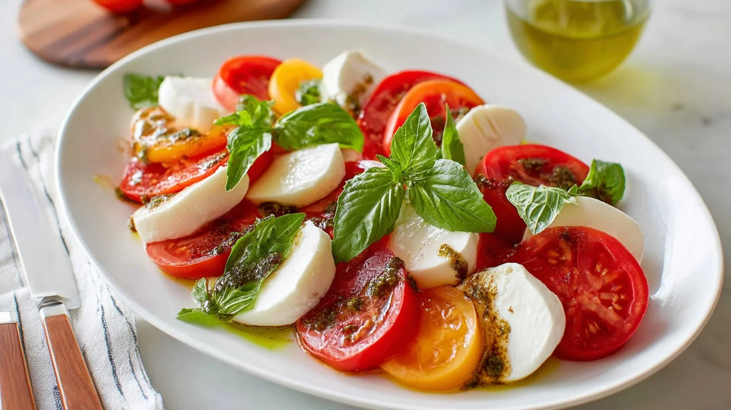 Fresh Caprese Salad with mozzarella, tomatoes, and basil drizzled with olive oil