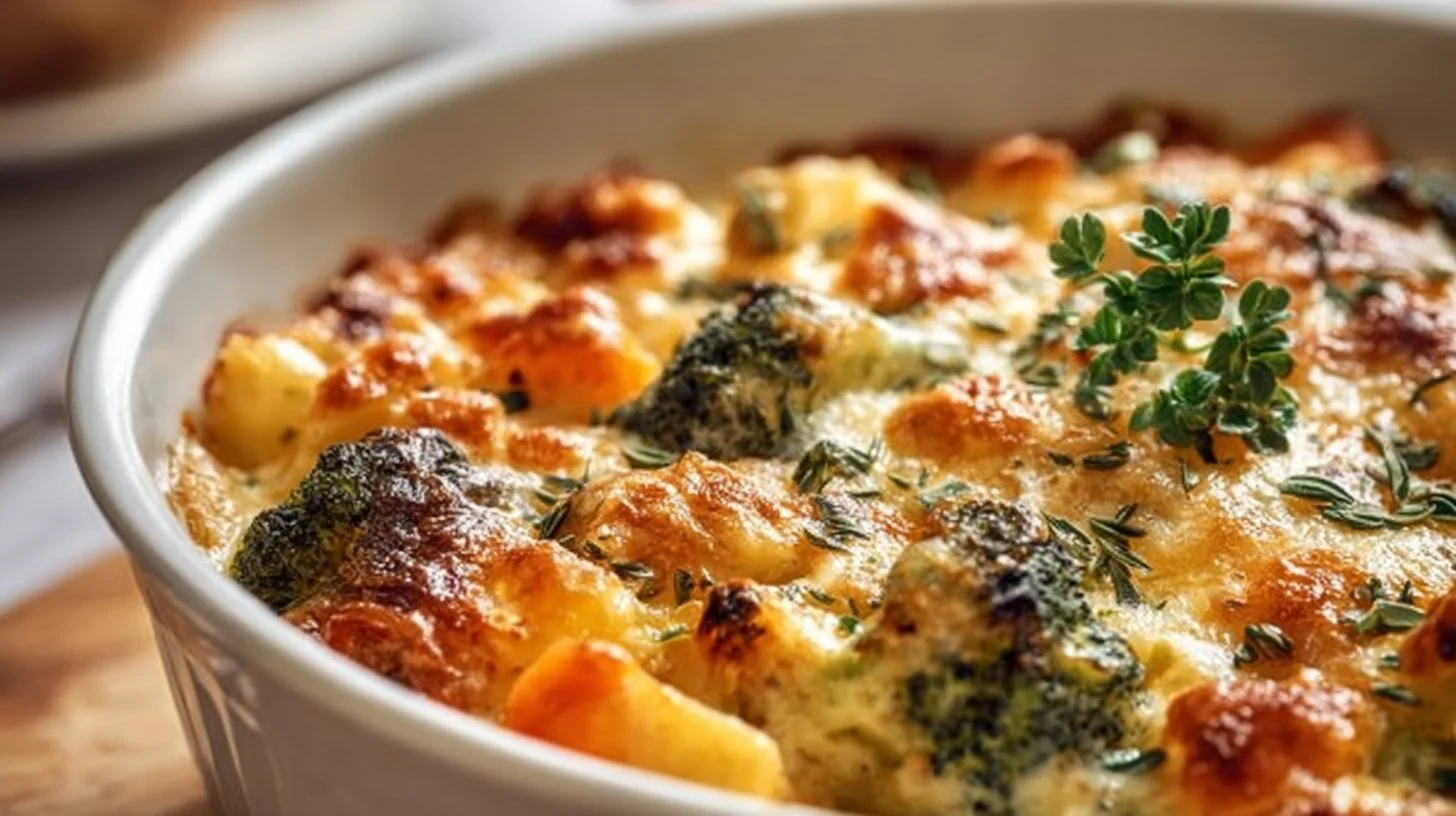Cheesy vegetable casserole served in a baking dish, perfect for comfort food lovers.