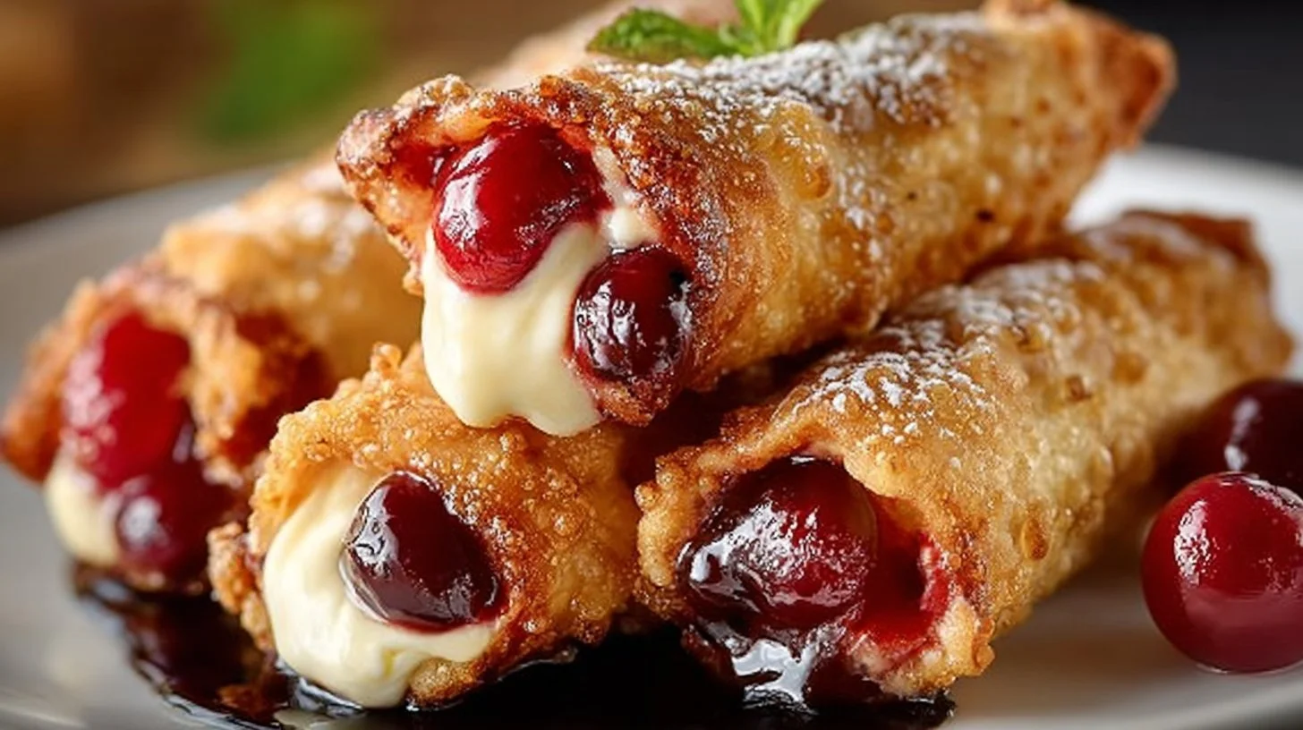 Delicious cherry cheesecake egg rolls on a plate, showcasing a unique dessert twist.