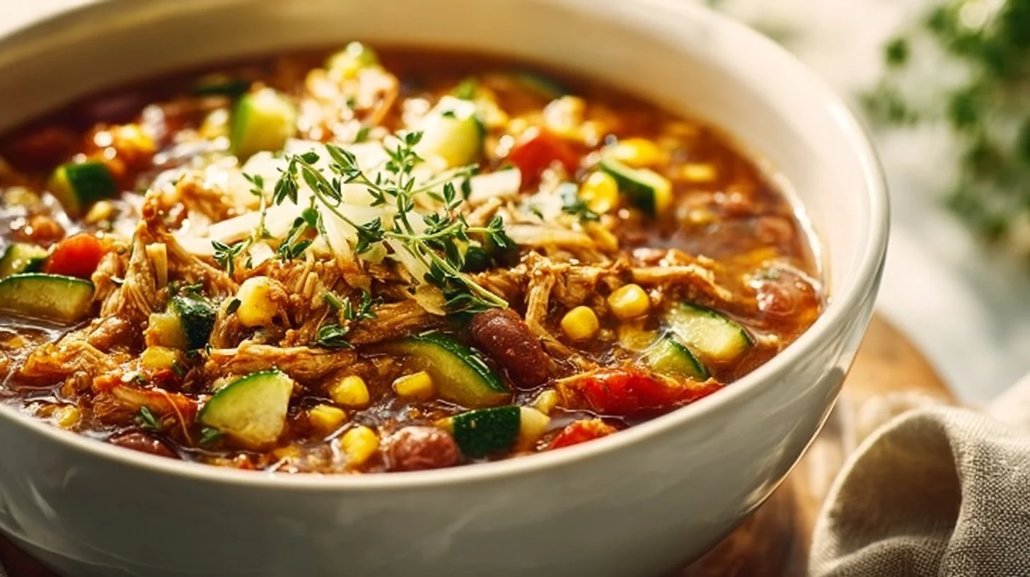 Bowl of hearty Chicken Chili topped with fresh herbs and ingredients