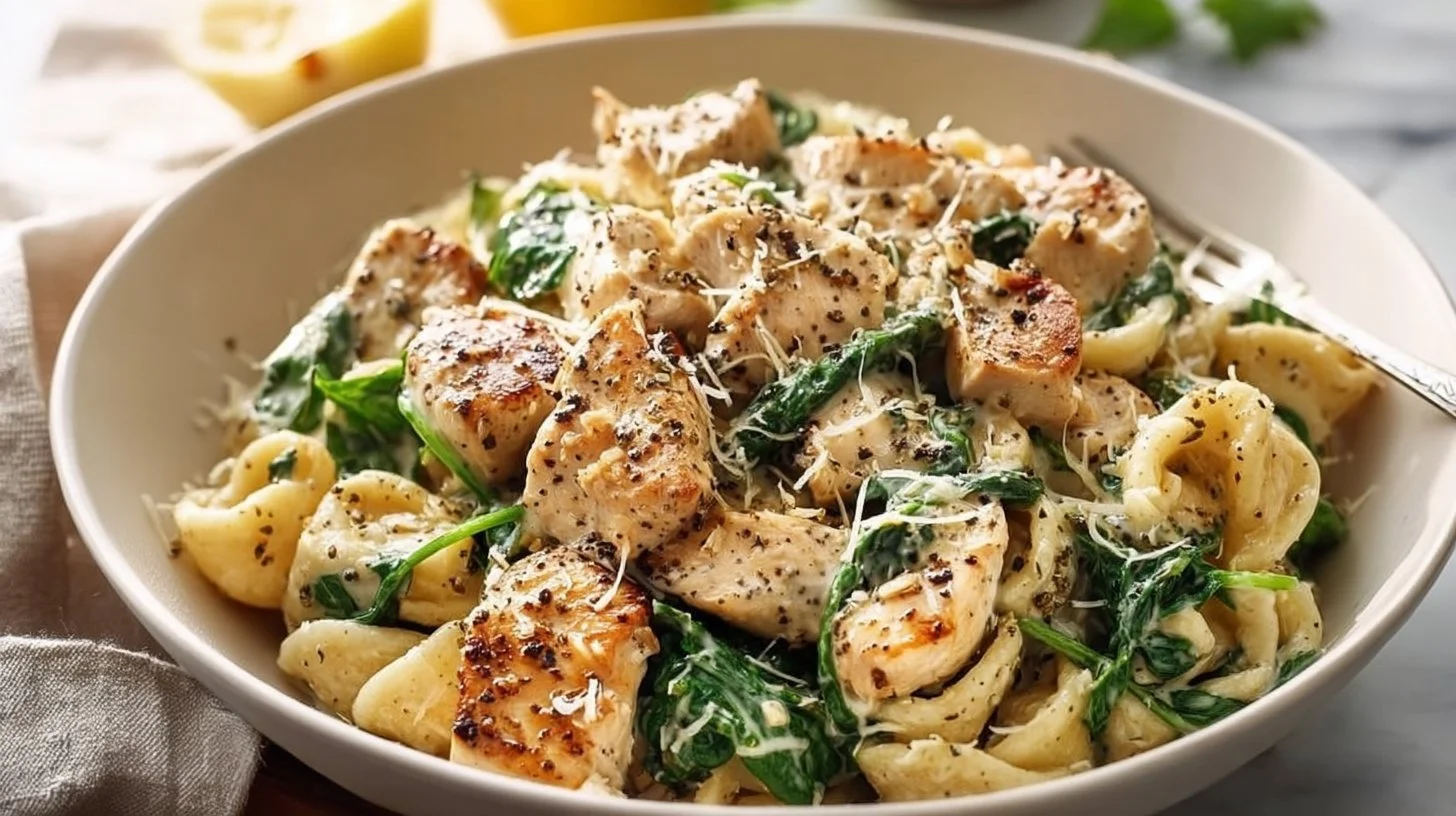 Delicious Chicken Spinach Pasta topped with herbs and cheese