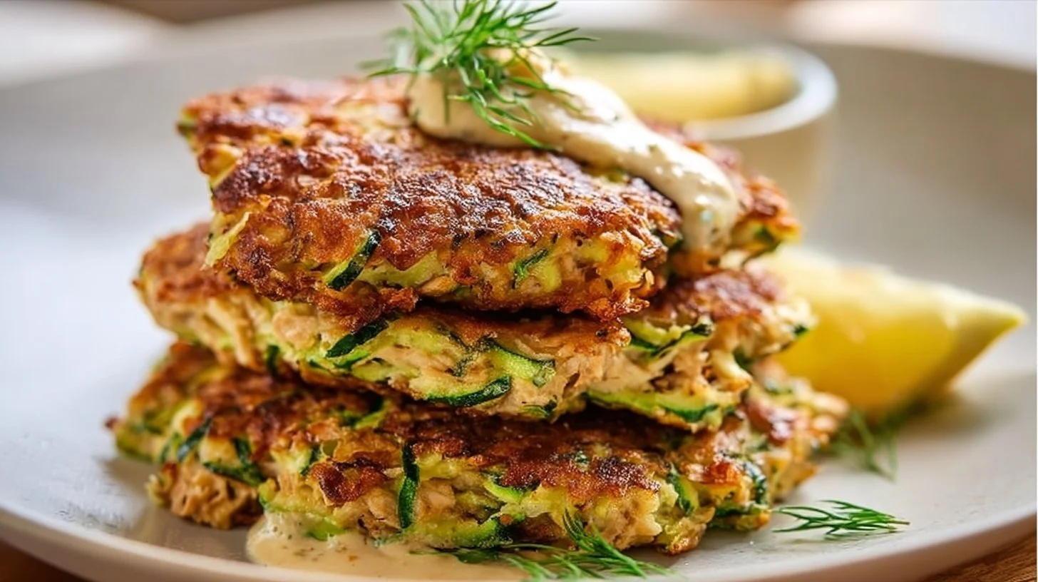 Plate of homemade chicken zucchini fritters served with dipping sauce