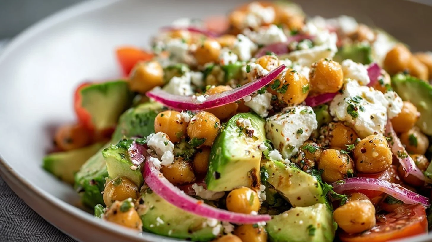 Chickpea feta avocado salad served in a bowl with fresh ingredients.