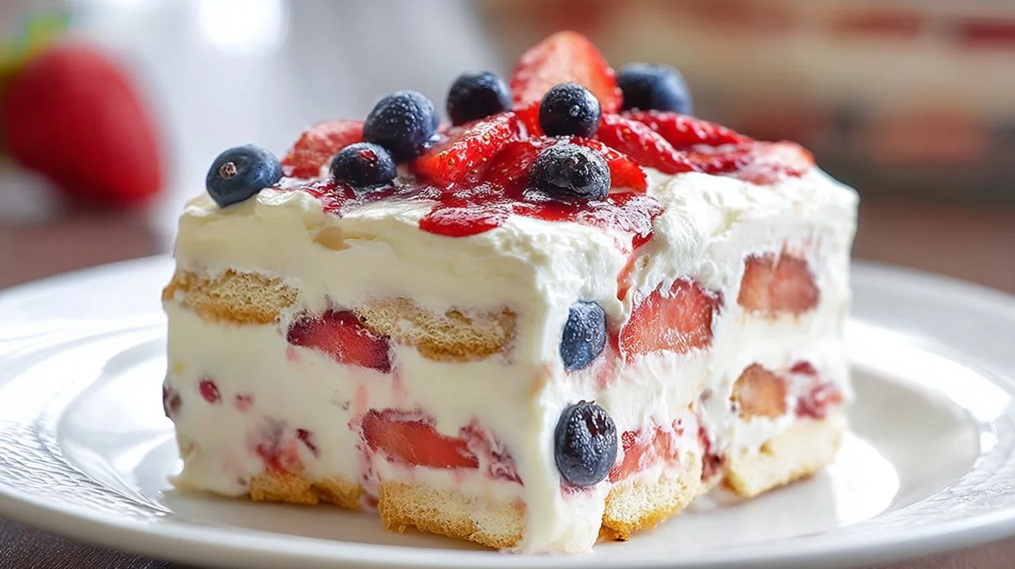 No-bake berry icebox cake topped with mixed berries and whipped cream