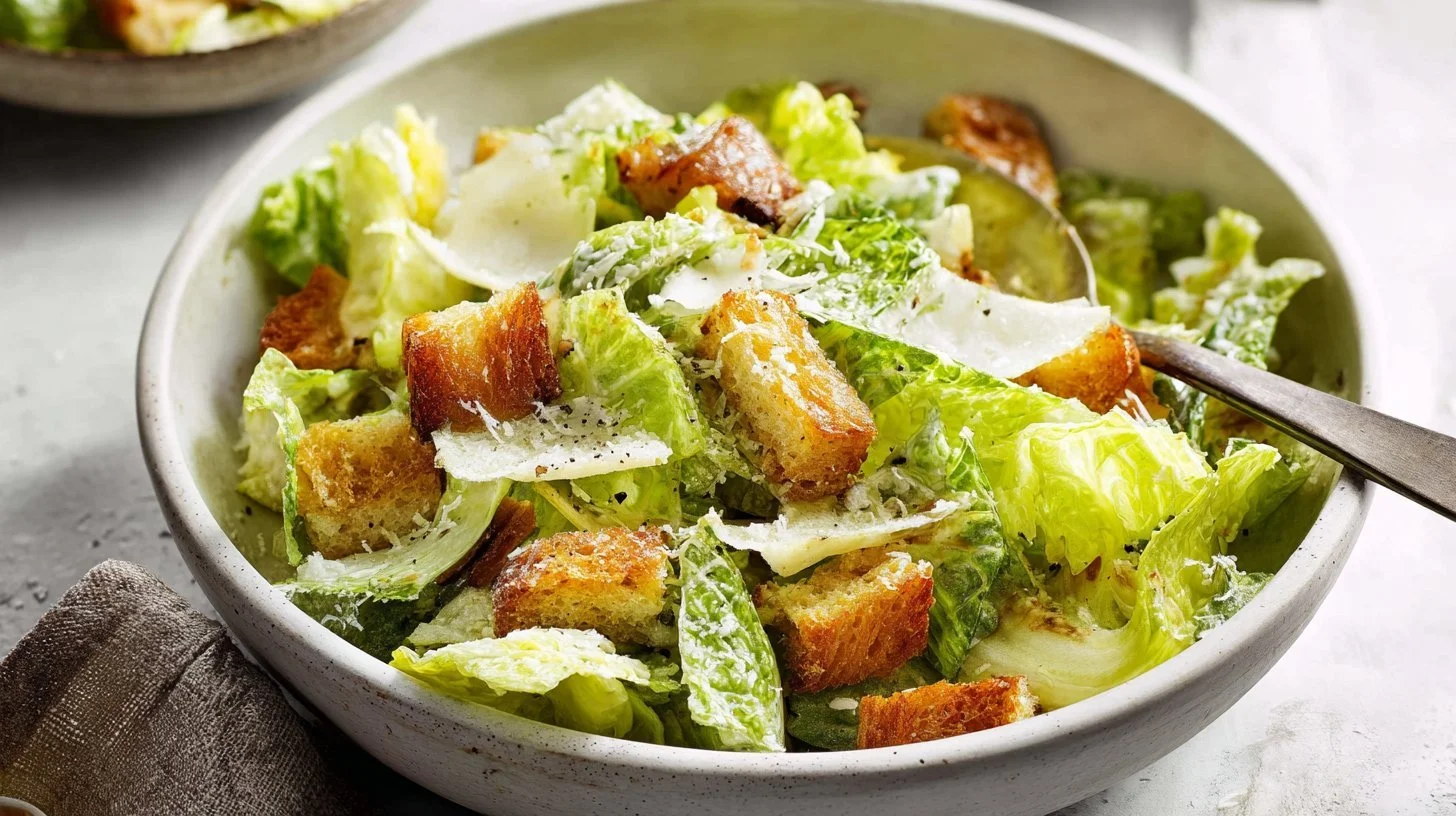 Fresh classic Caesar salad with romaine lettuce, croutons, and dressing