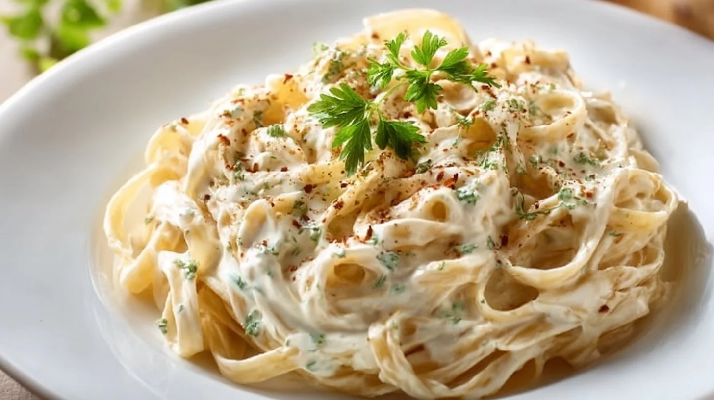 Creamy cottage cheese Alfredo sauce ready to serve over pasta.