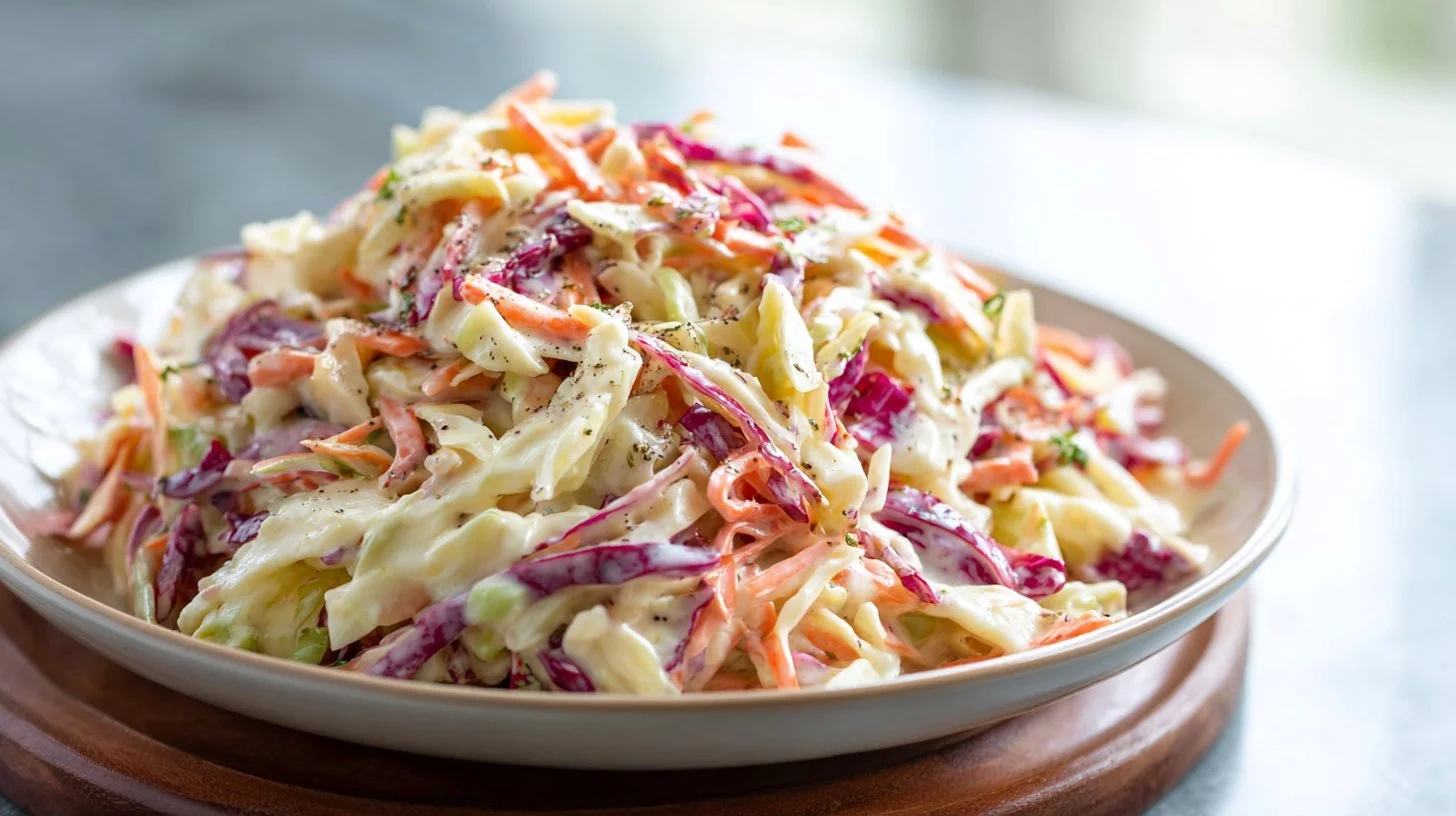 Bowl of creamy coleslaw with fresh vegetables ready for a barbecue picnic