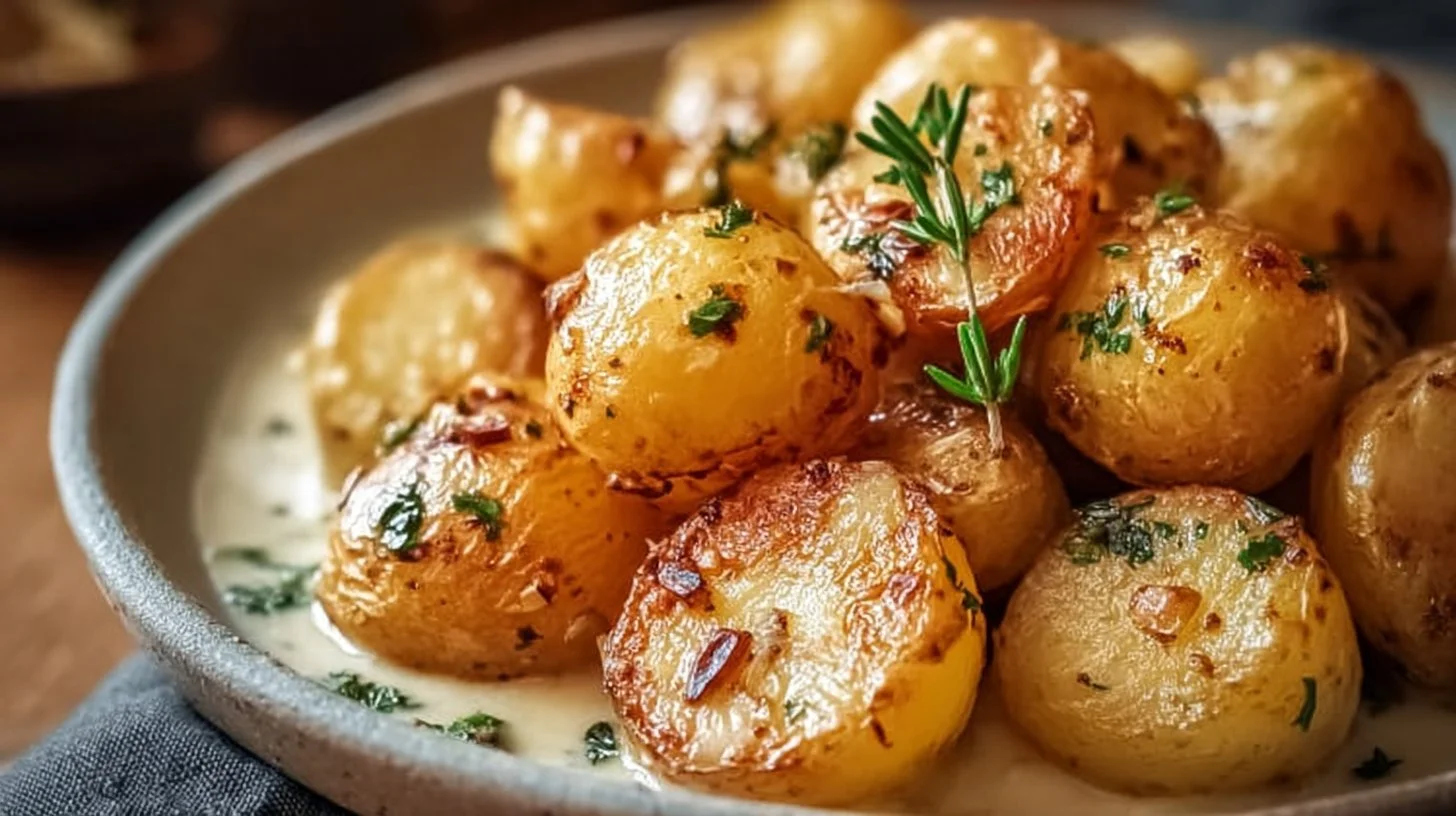 Creamy garlic butter potatoes served in a bowl with herbs